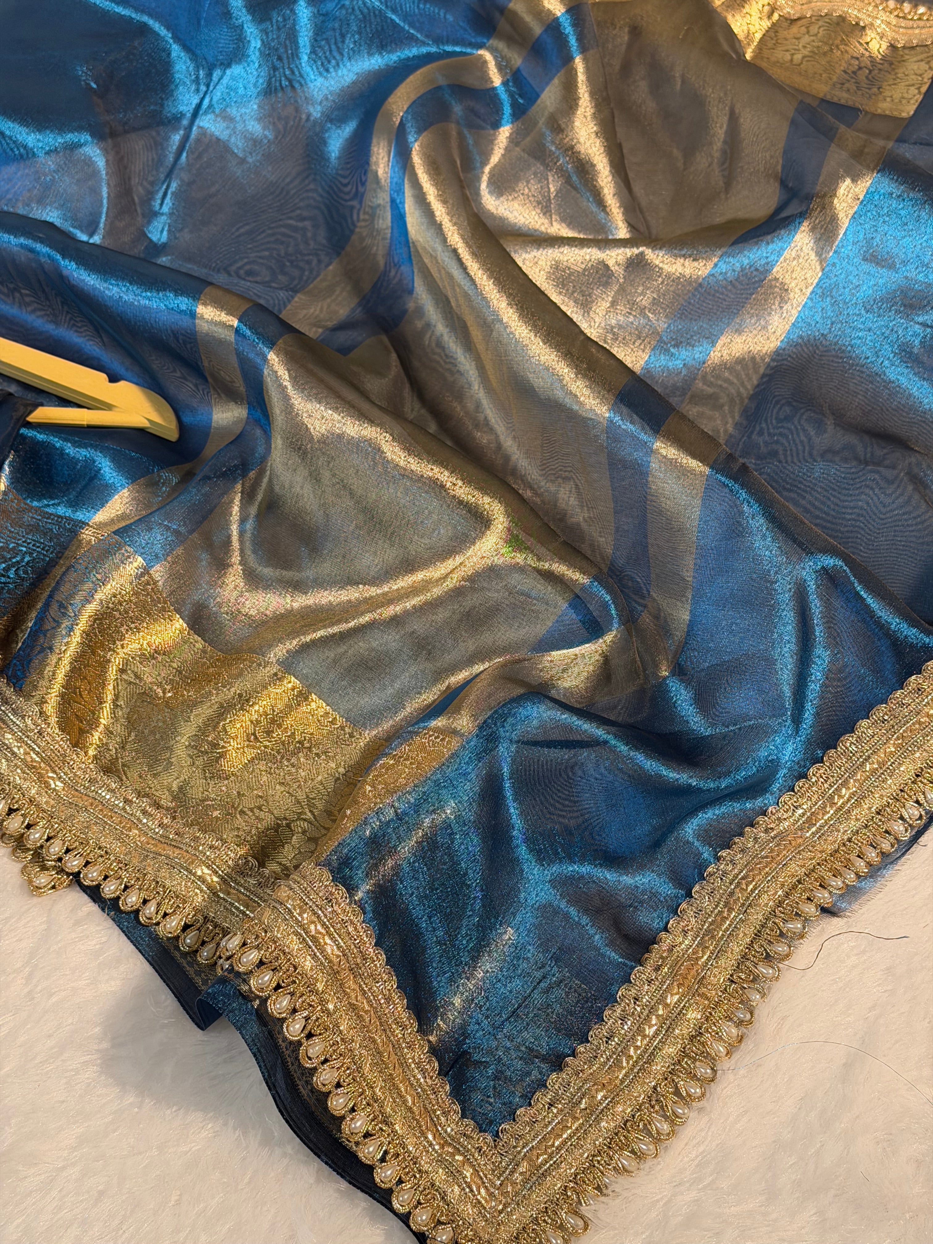 Metallic Firozi Premium Tissue Silk Banarasi Saree with Moti Lace Attached
