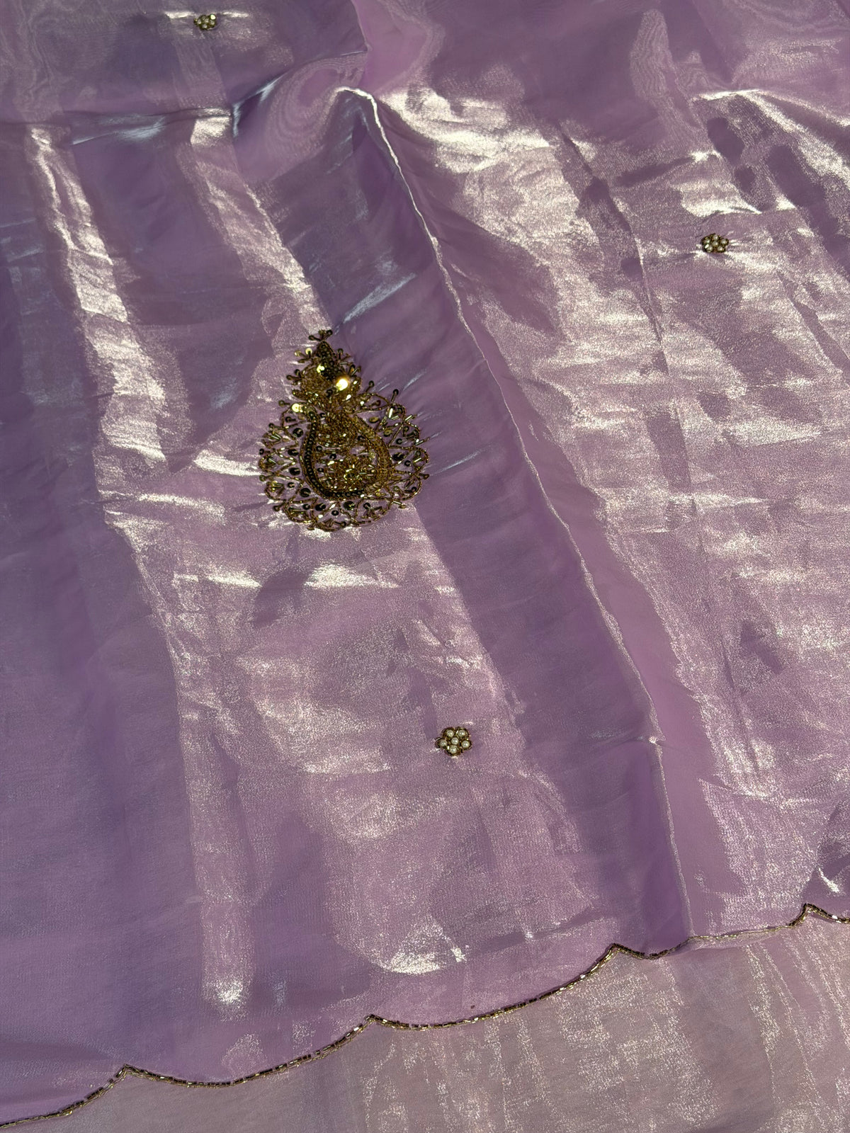 Lavendar Shade Premium Shimmery Tissue Silk Handwork Saree
