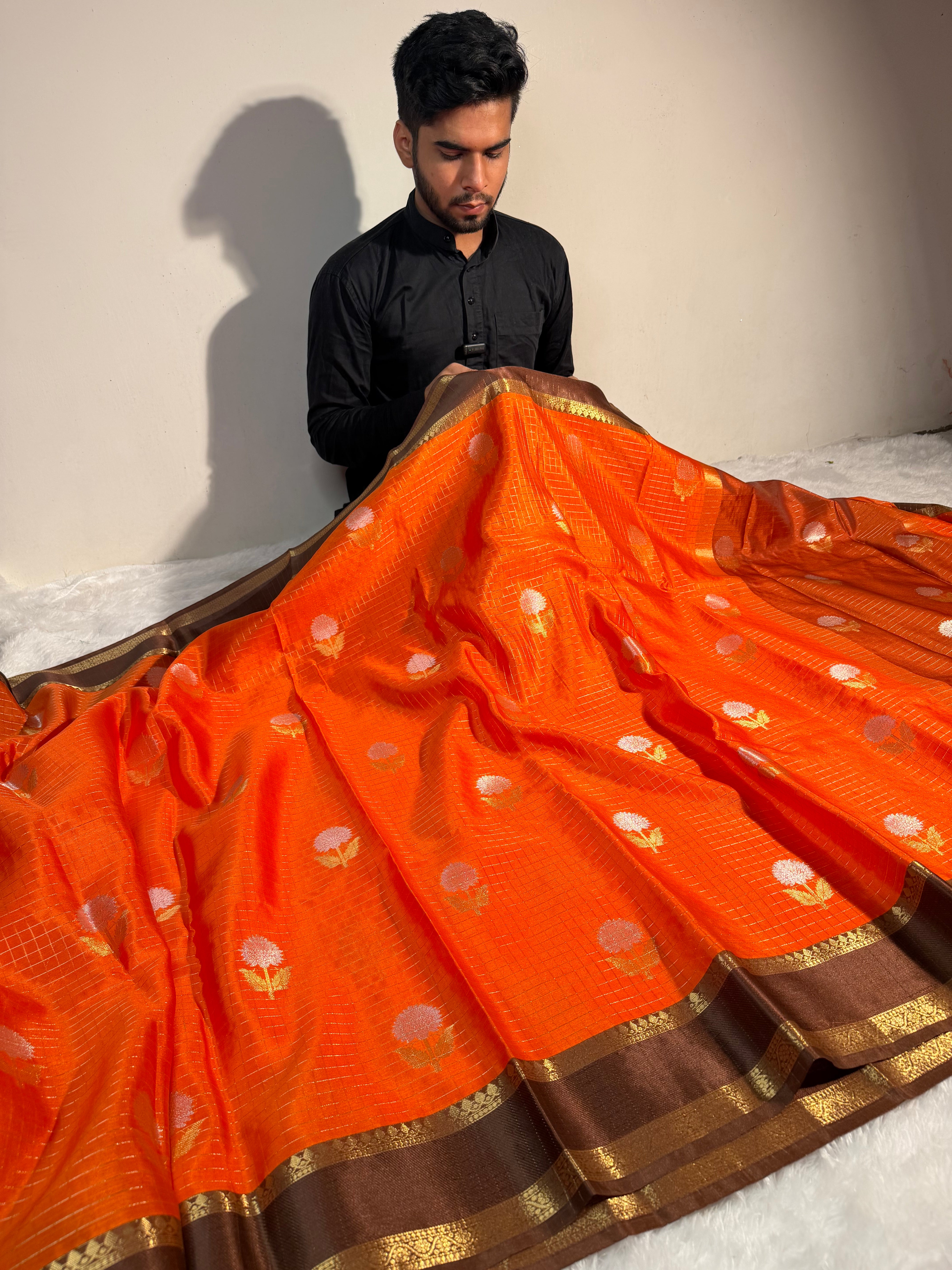 Orange Brown Premium Soft Chiniya Silk Banarasi Saree
