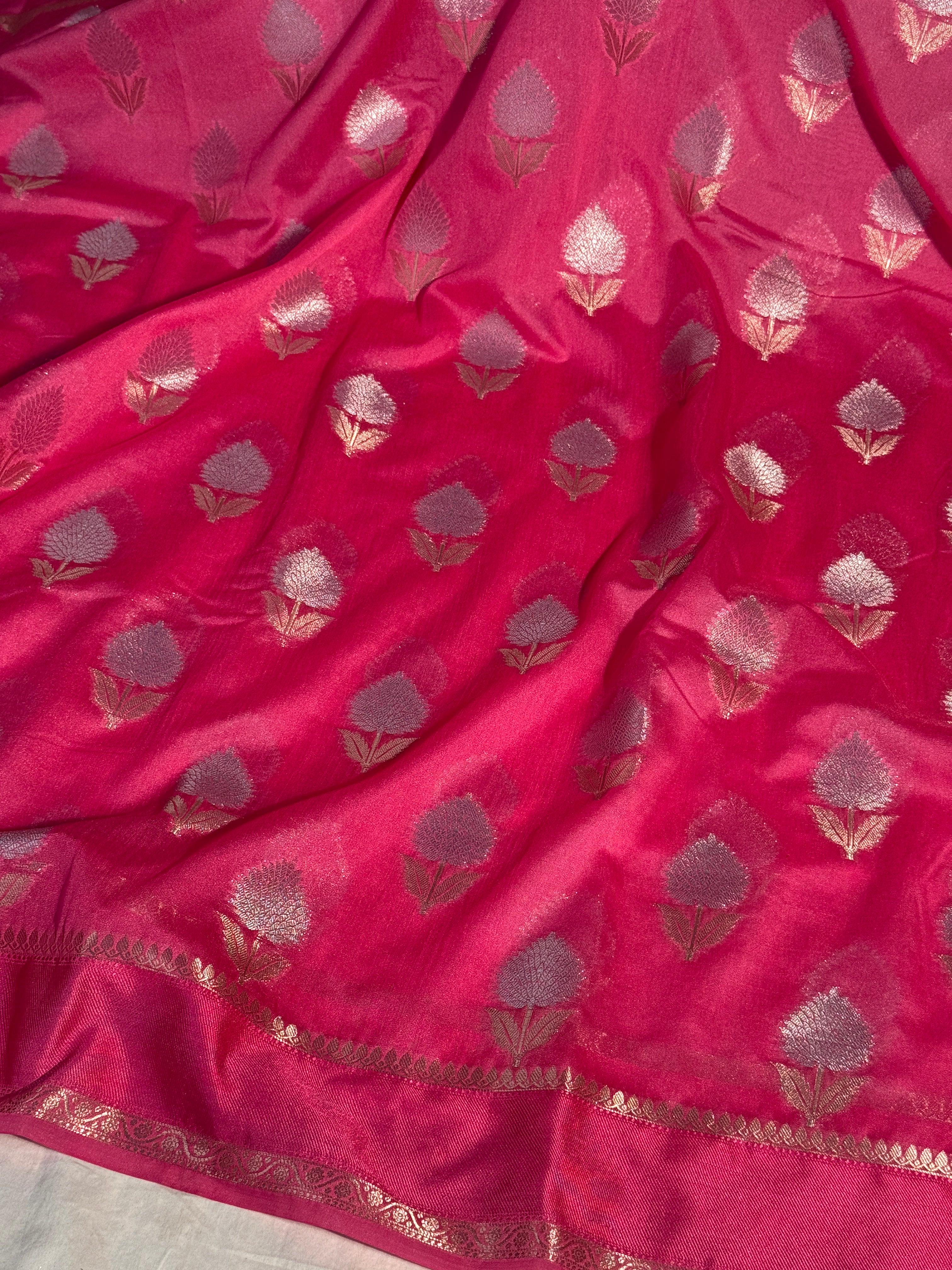 Pastel Pink Premium Chiniya Silk Banarasi Saree with Meenakari Buta
