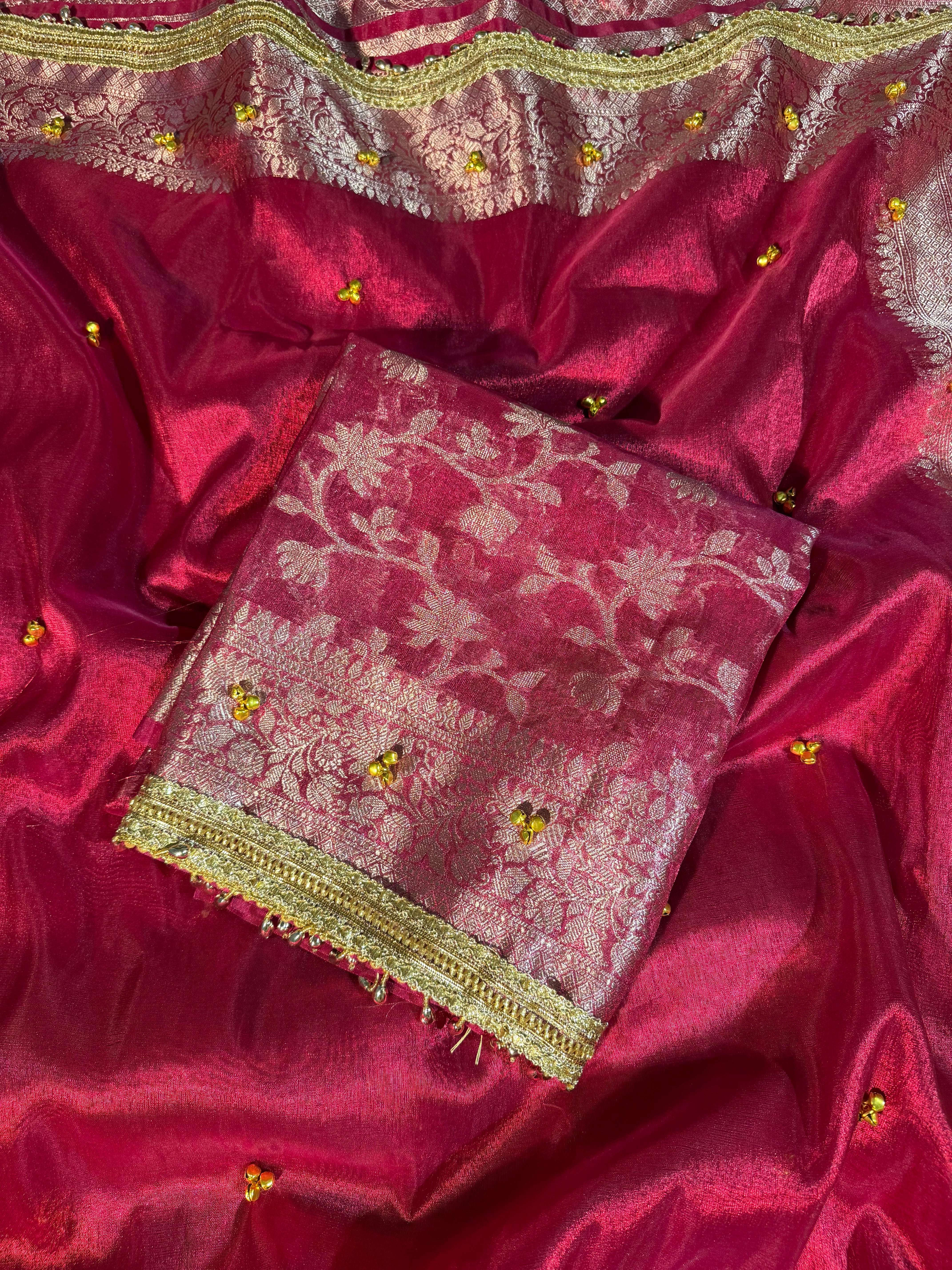 Ghungroo Handwork Bridal Rani Pink Premium Tissue Silk Banarasi Saree