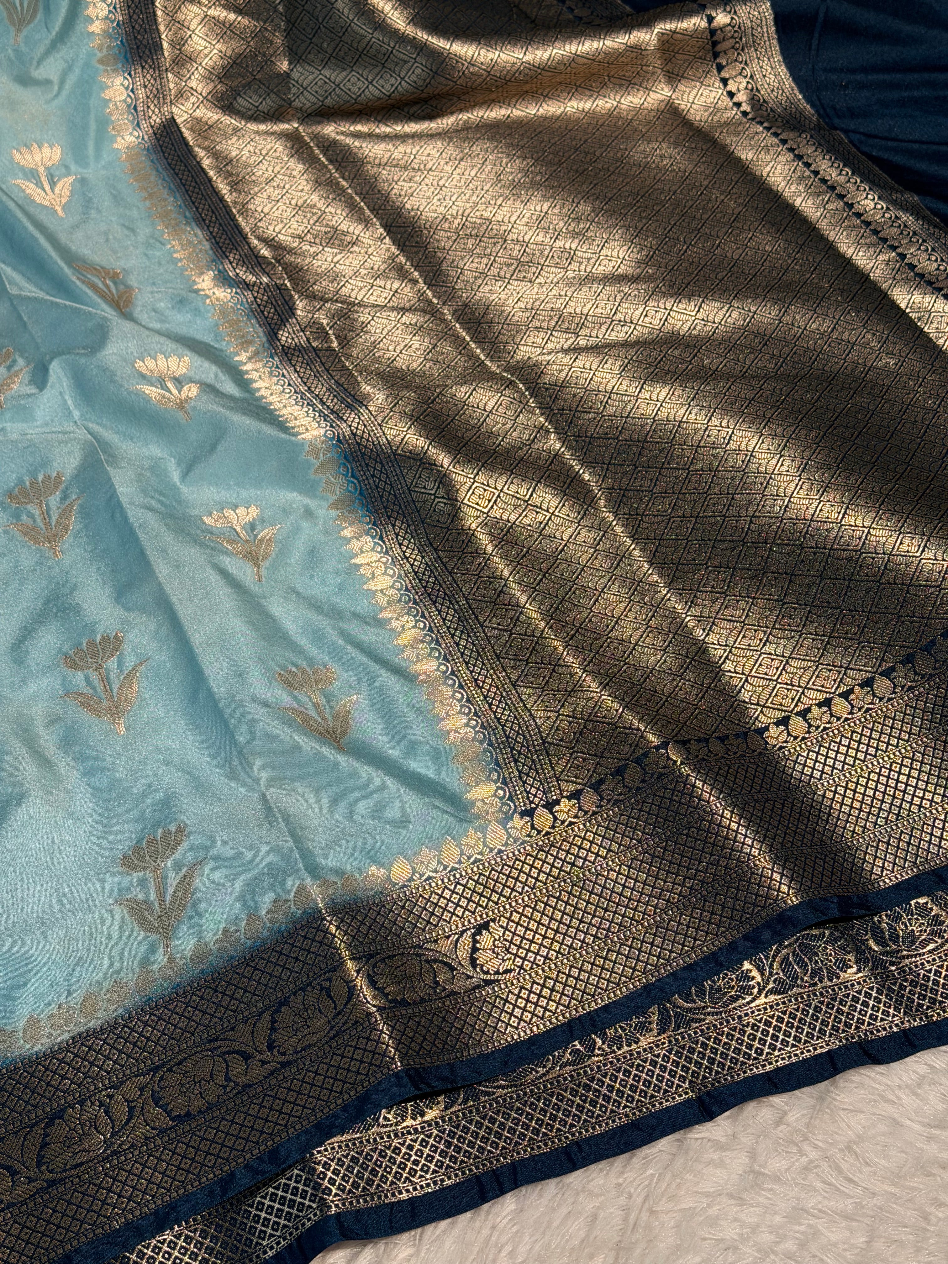 Firozi Navy Premium Soft Chiniya Silk Banarasi Saree