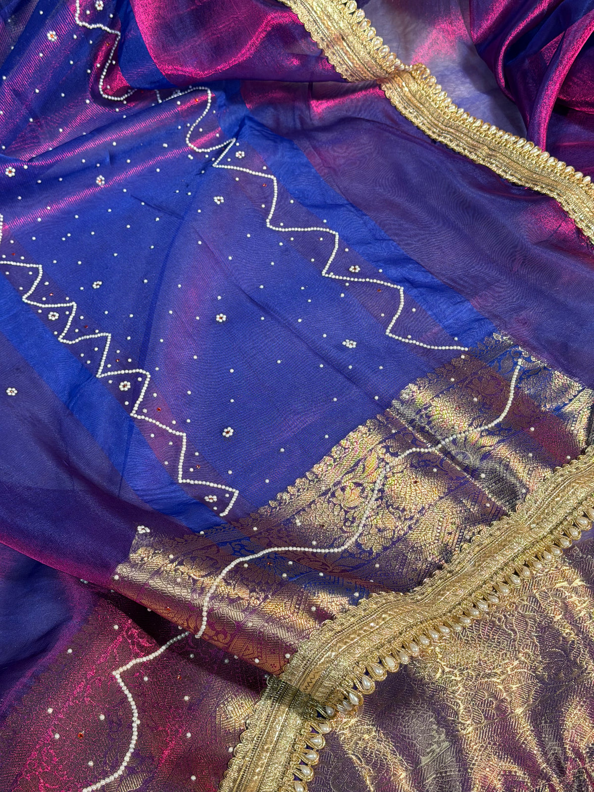 Metallic Baigani Premium Tissue Silk Saree with Moti Stone Work