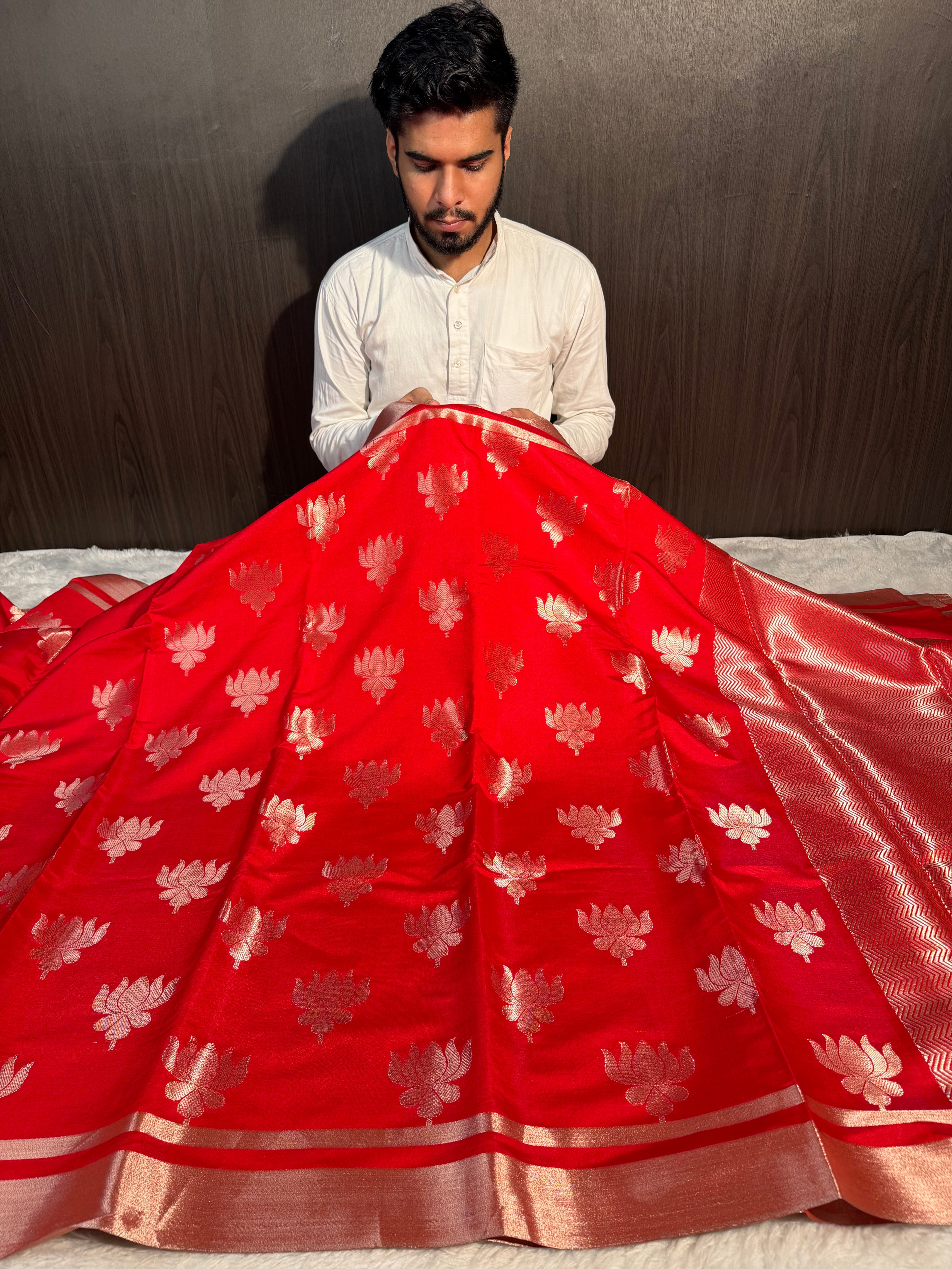 Bridal Red Premium Soft Katan Silk Banarasi Saree with Lotus Buta Weave