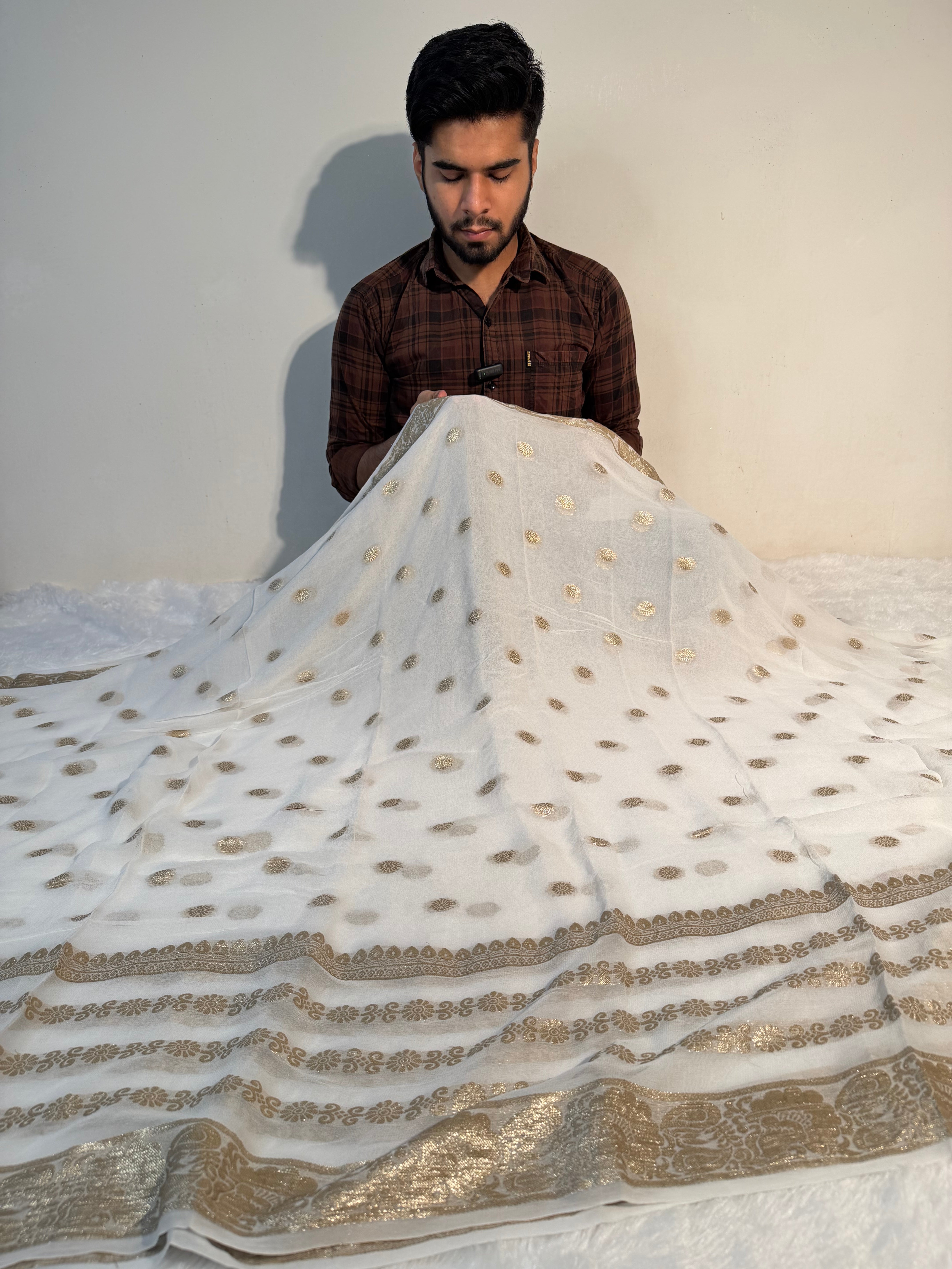 Off White Premium Viscose Georgette Silk Banarasi Saree