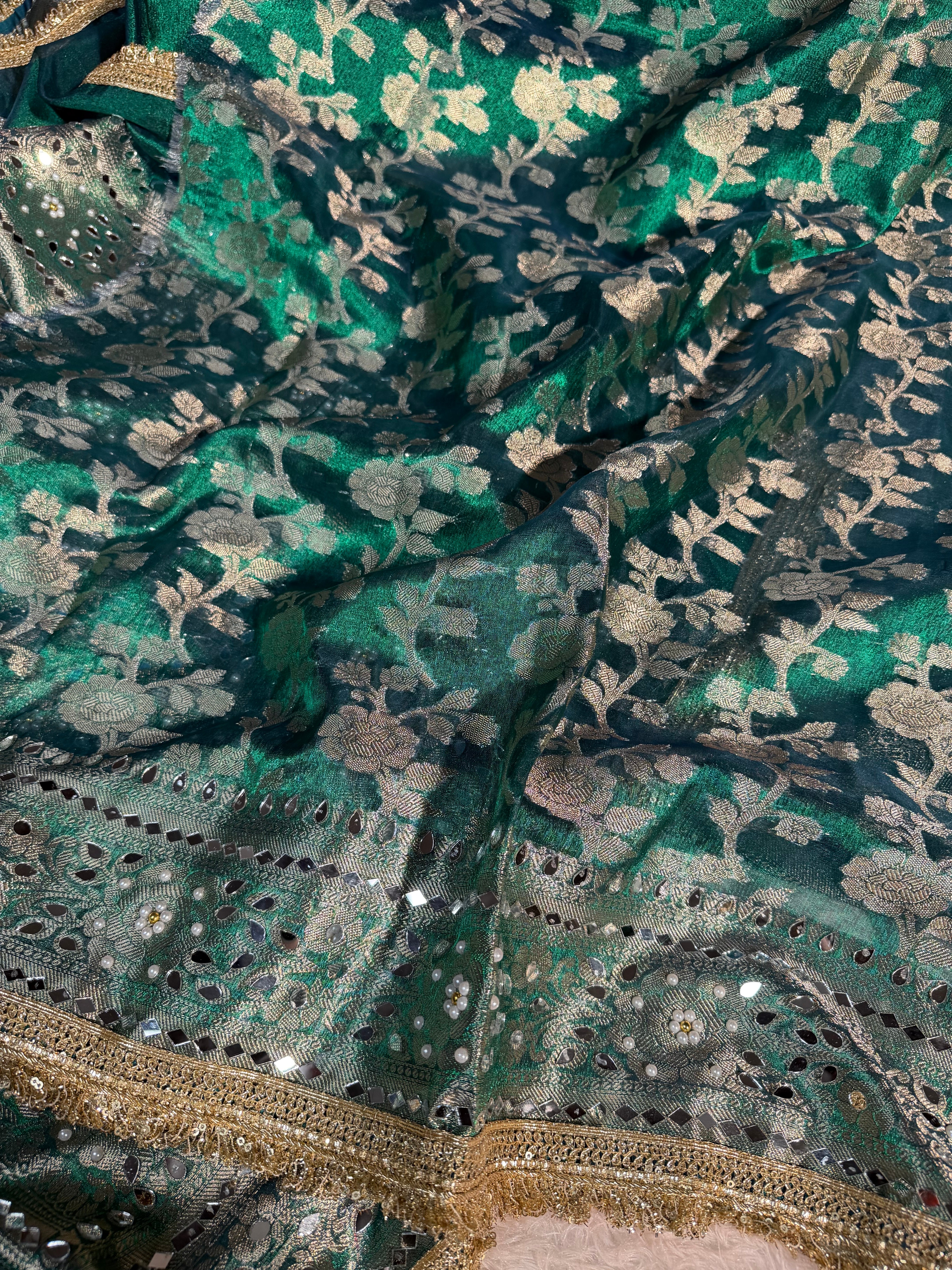 Metallic Sapphire Green Premium Tissue Silk Saree Hand Mirror Work with Lace Attached
