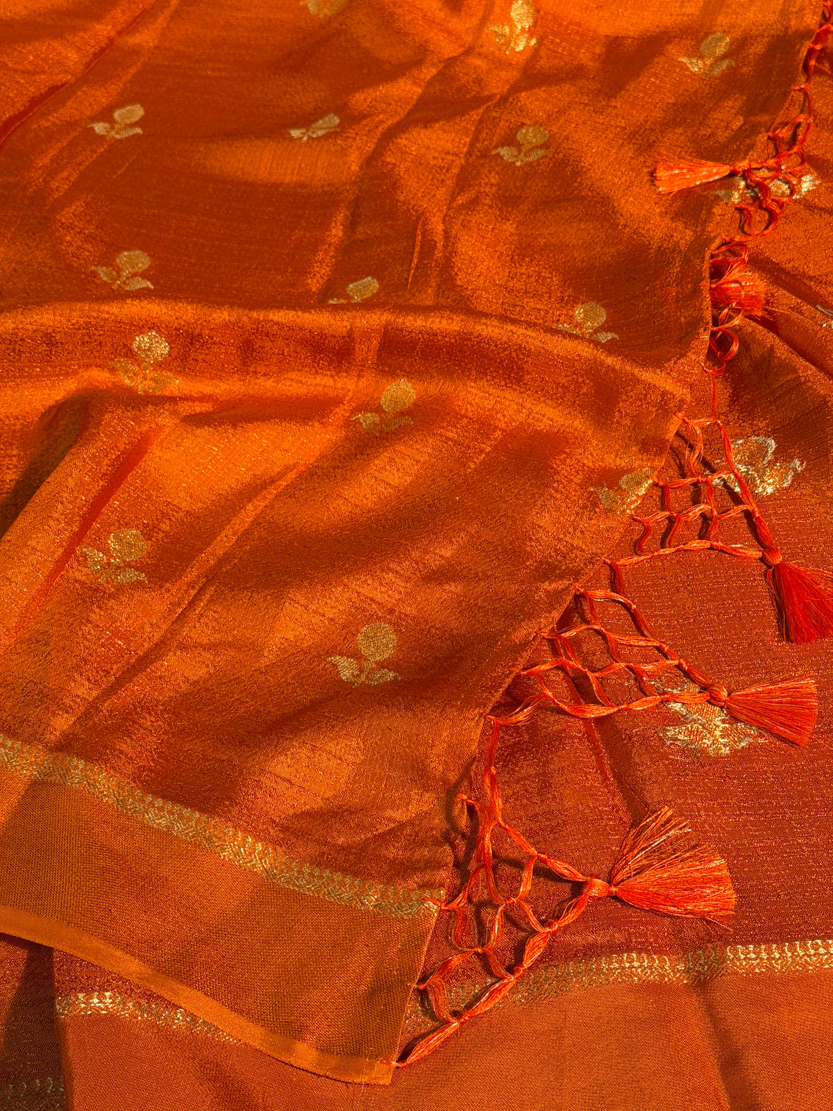 Rust Orange Premium Viscose Georgette Silk Banarasi Saree with Tassles