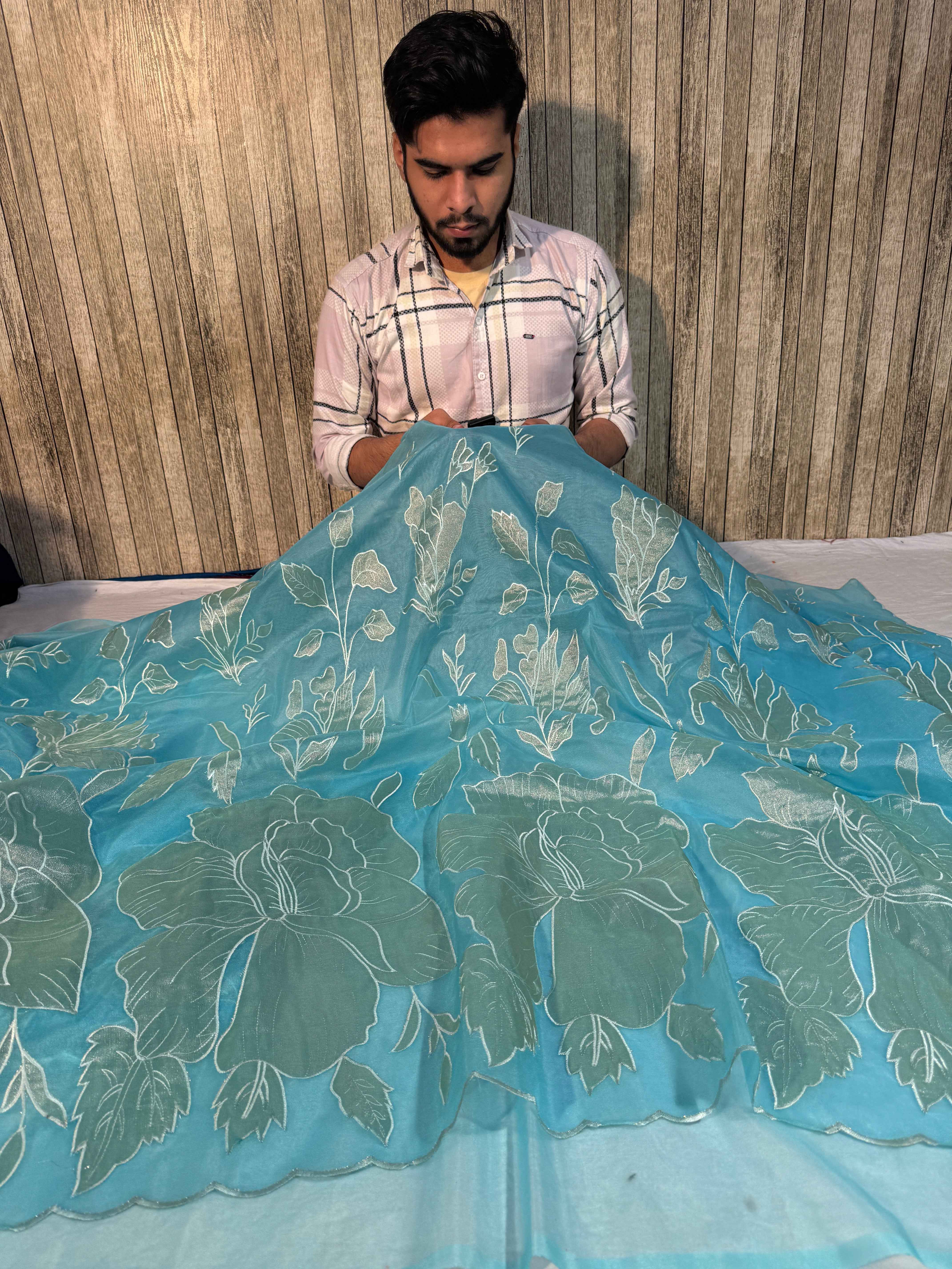 Pastel Firozi Premium Organza Silk Banarasi Saree with Tissue Applique Work