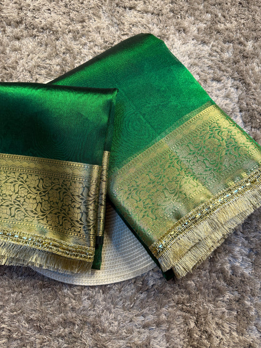 Metallic Green Traditional Banarasi Tissue Silk Saree with Premium Lace