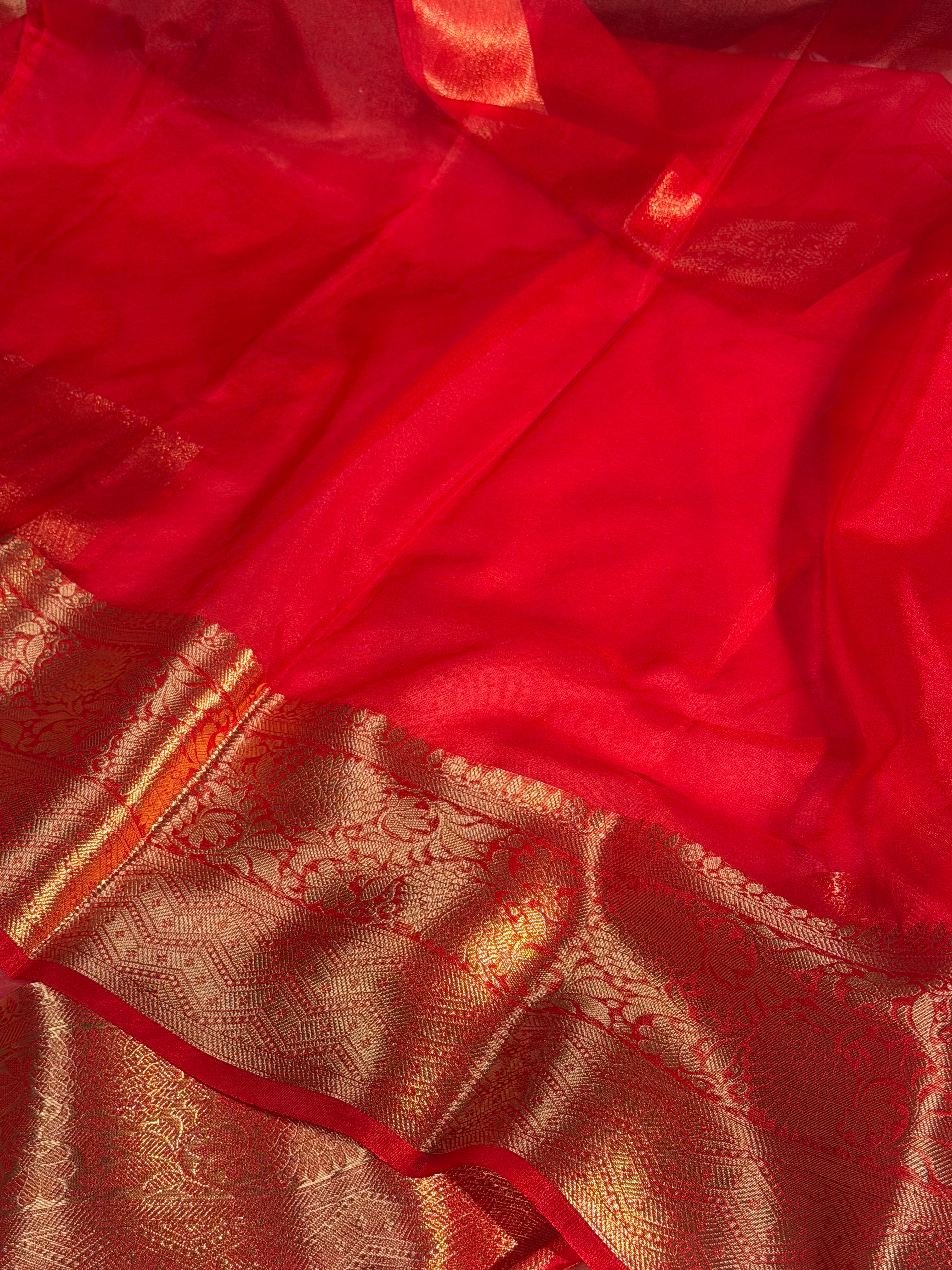 Bridal Red Premium Chikankari Organza Silk Banarasi Saree