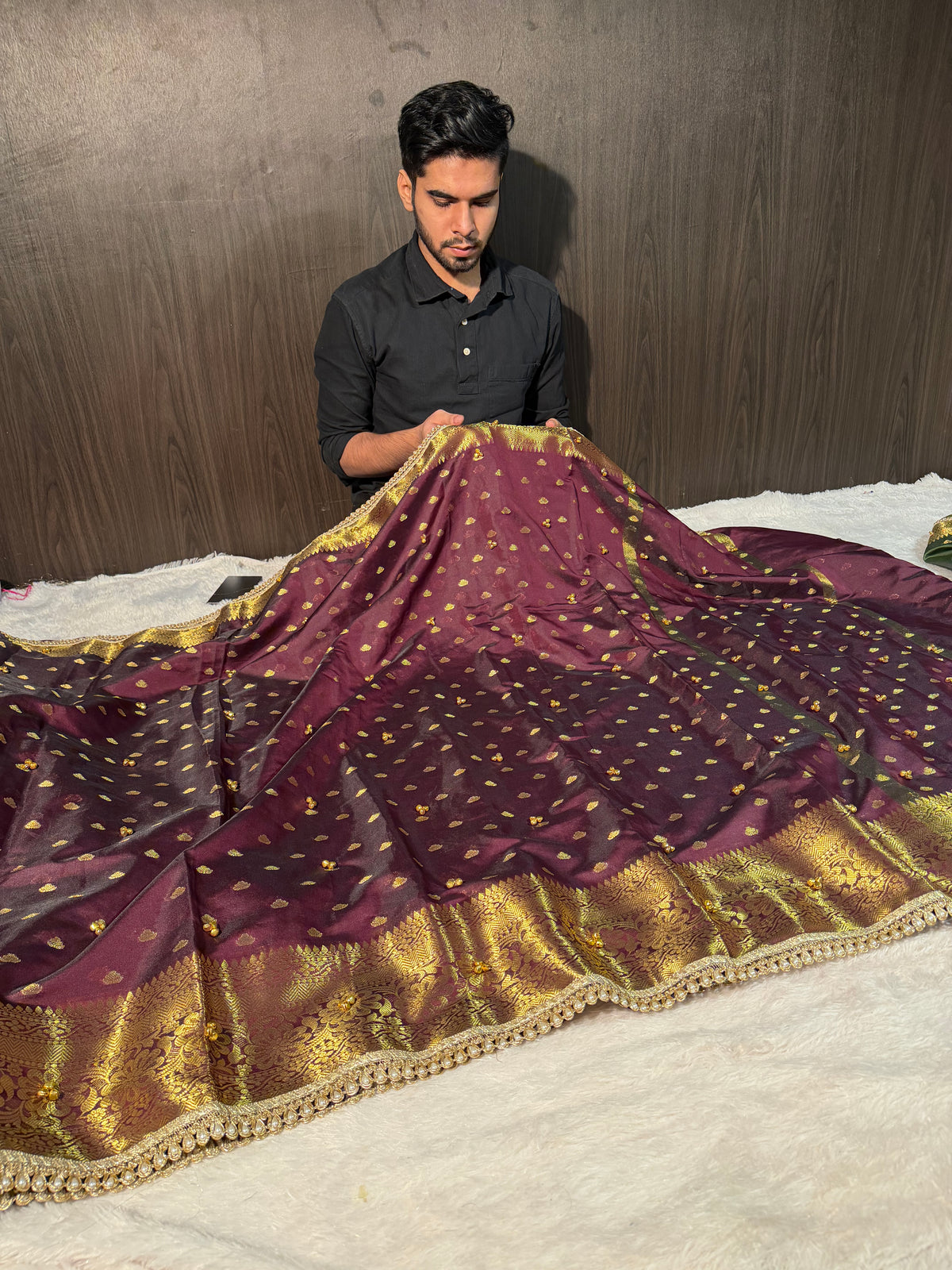 Viral Ghungroo Handwork Wine Shade Premium Katan Silk Banarasi Saree