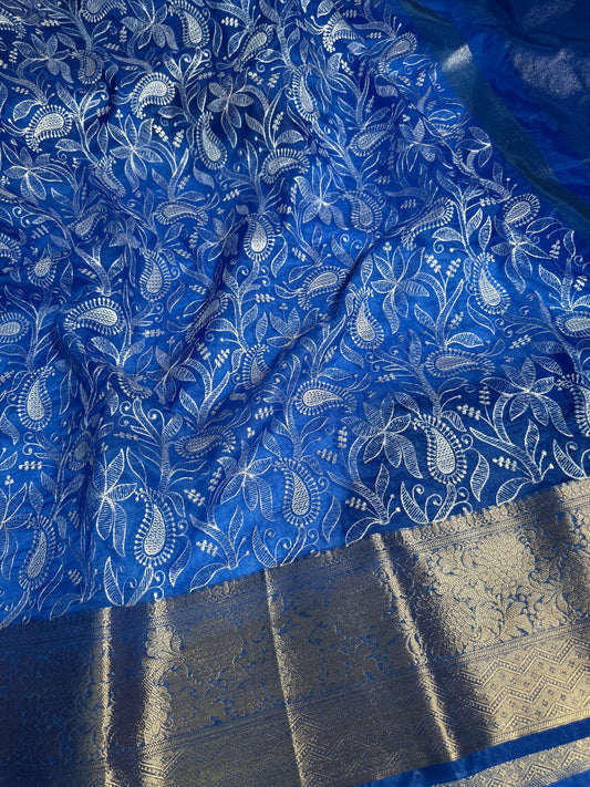 Premium Chikankari Royal Blue Organza Silk Banarasi Saree