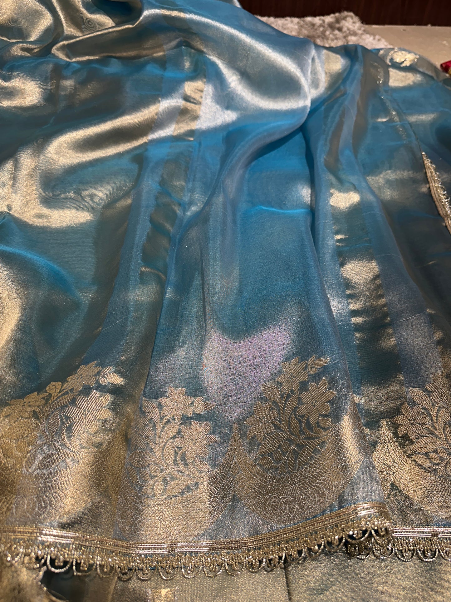 Beautiful Metallic Blue Colour Bridal Tissue Silk Saree With Lace Work