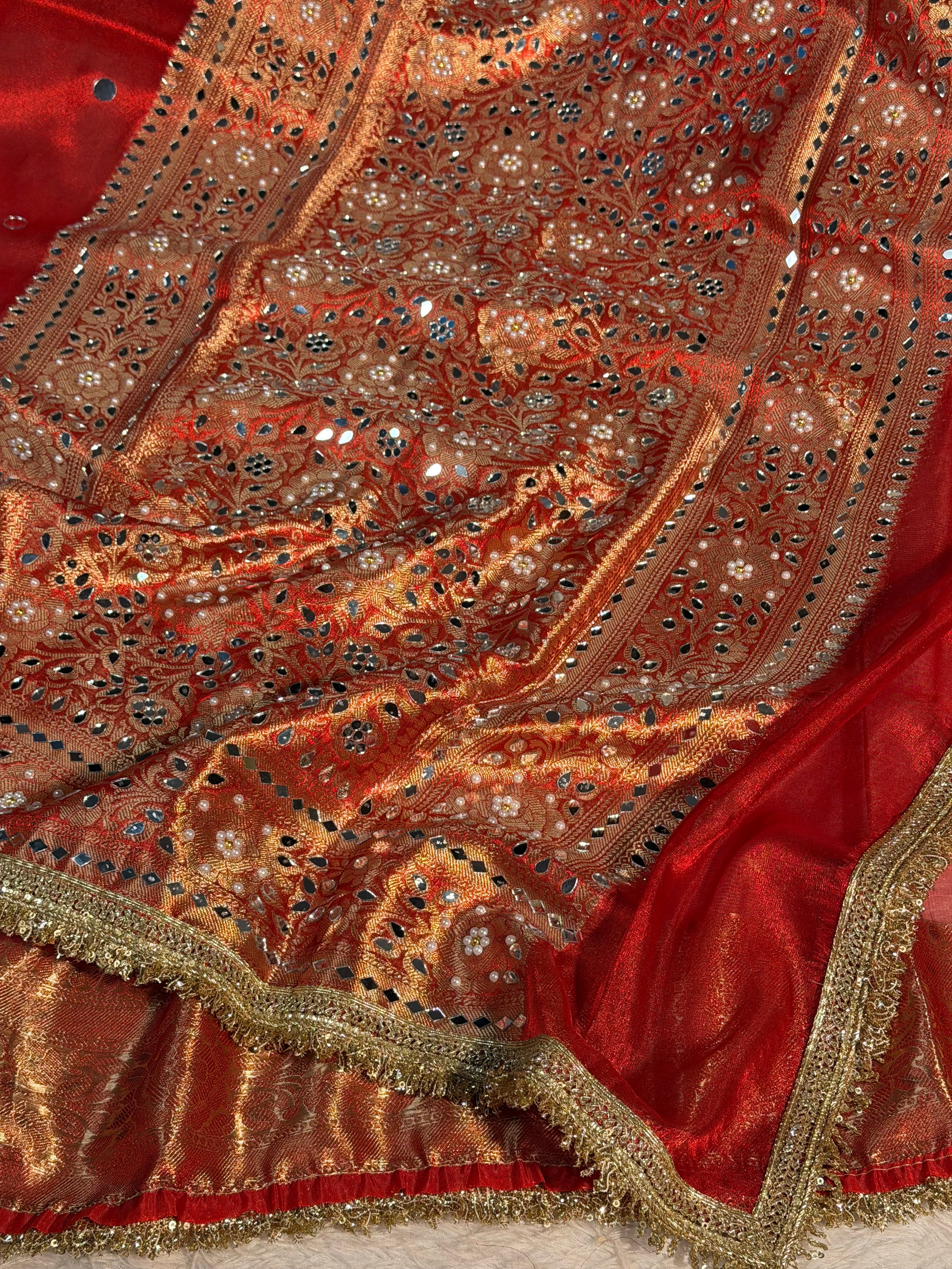 Metallic Red Premium Tissue Silk Saree Hand Mirror Work with Lace Attached