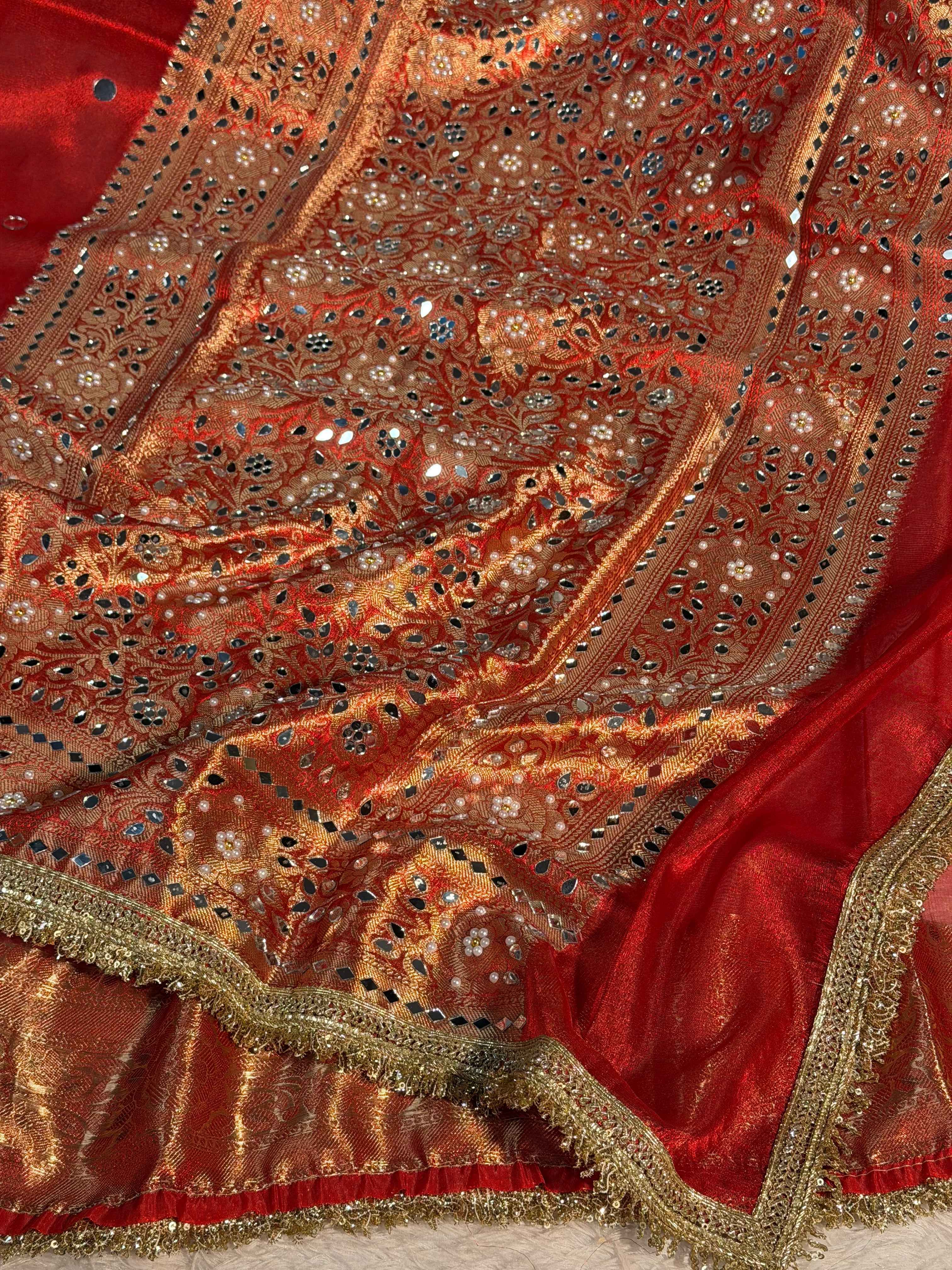 Metallic Red Premium Tissue Silk Saree Hand Mirror Work with Lace Attached