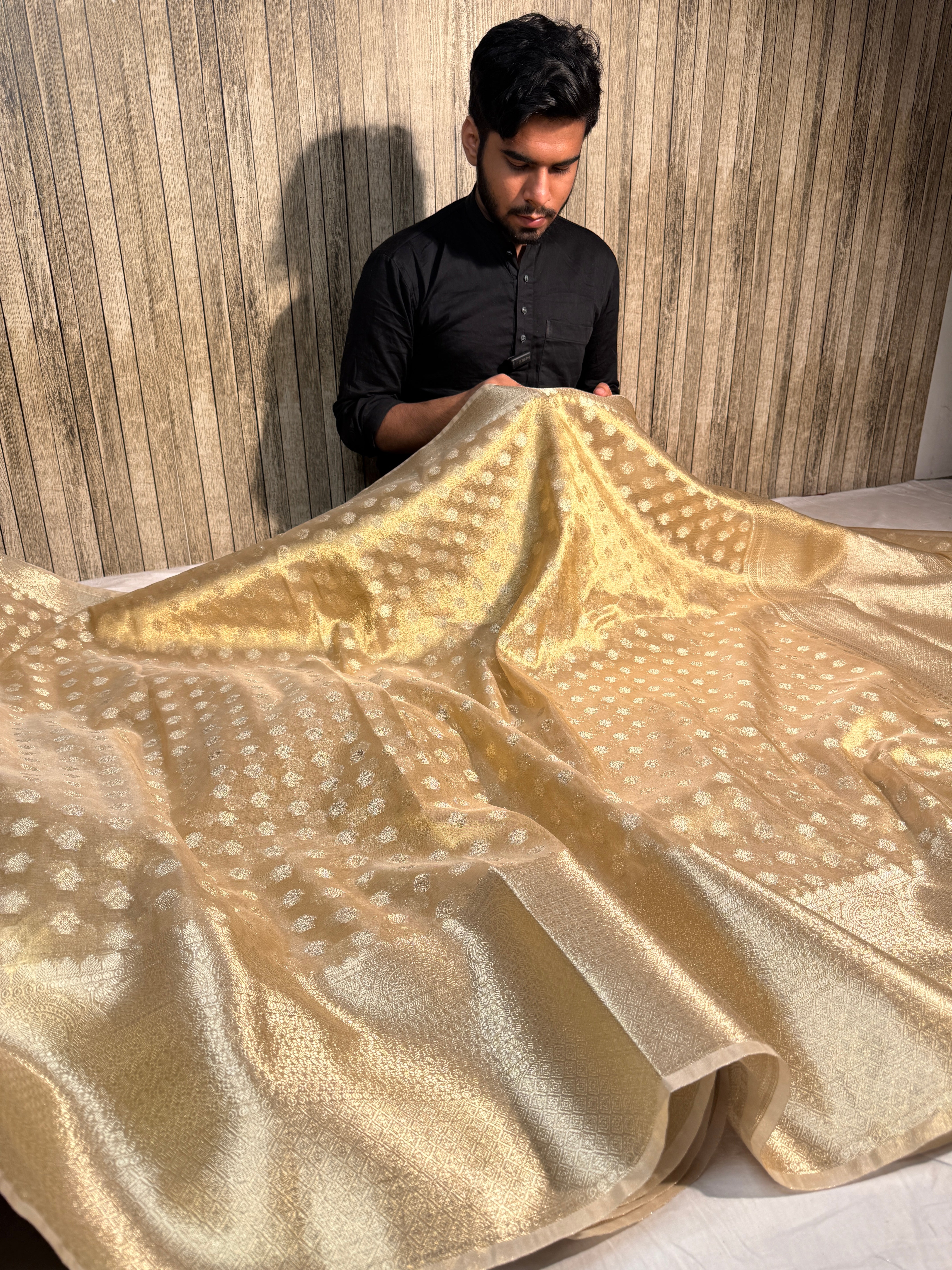 Allover Gold Premium Tissue Silk Zari Buti Weave Banarasi Saree