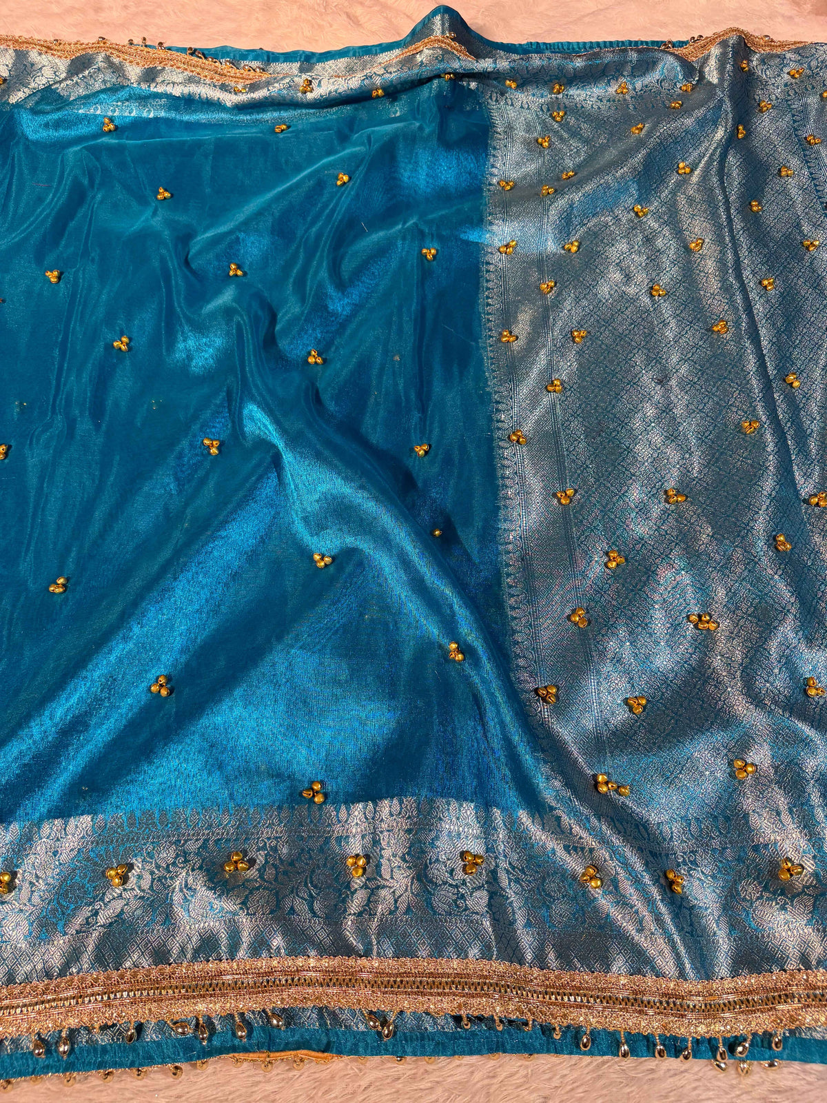 Ghungroo Handwork Metallic Firozi Premium Tissue Silk Banarasi Saree