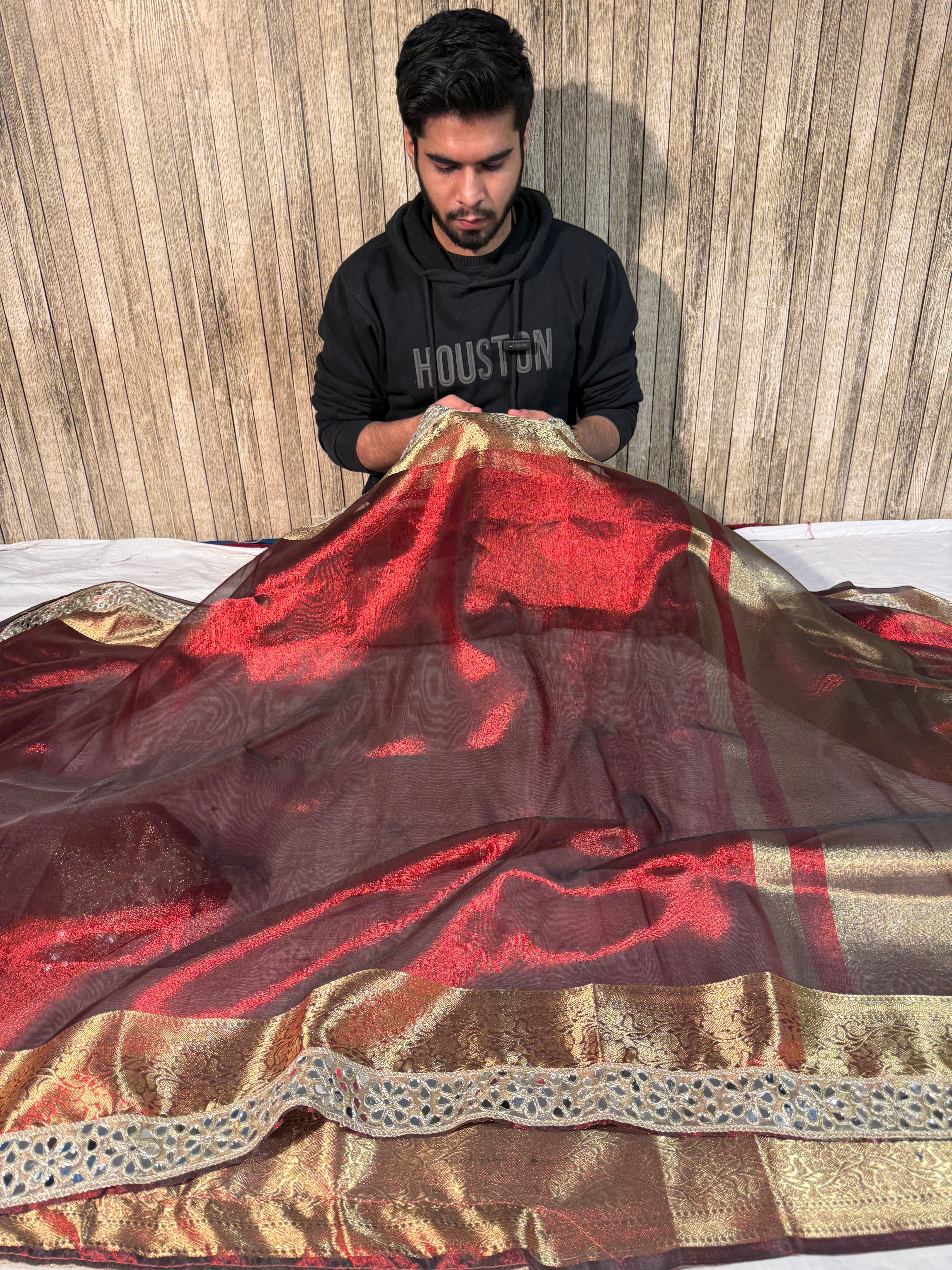 Metallic Maroon Premium Tissue Silk Mirror Lace Work Banarasi Saree