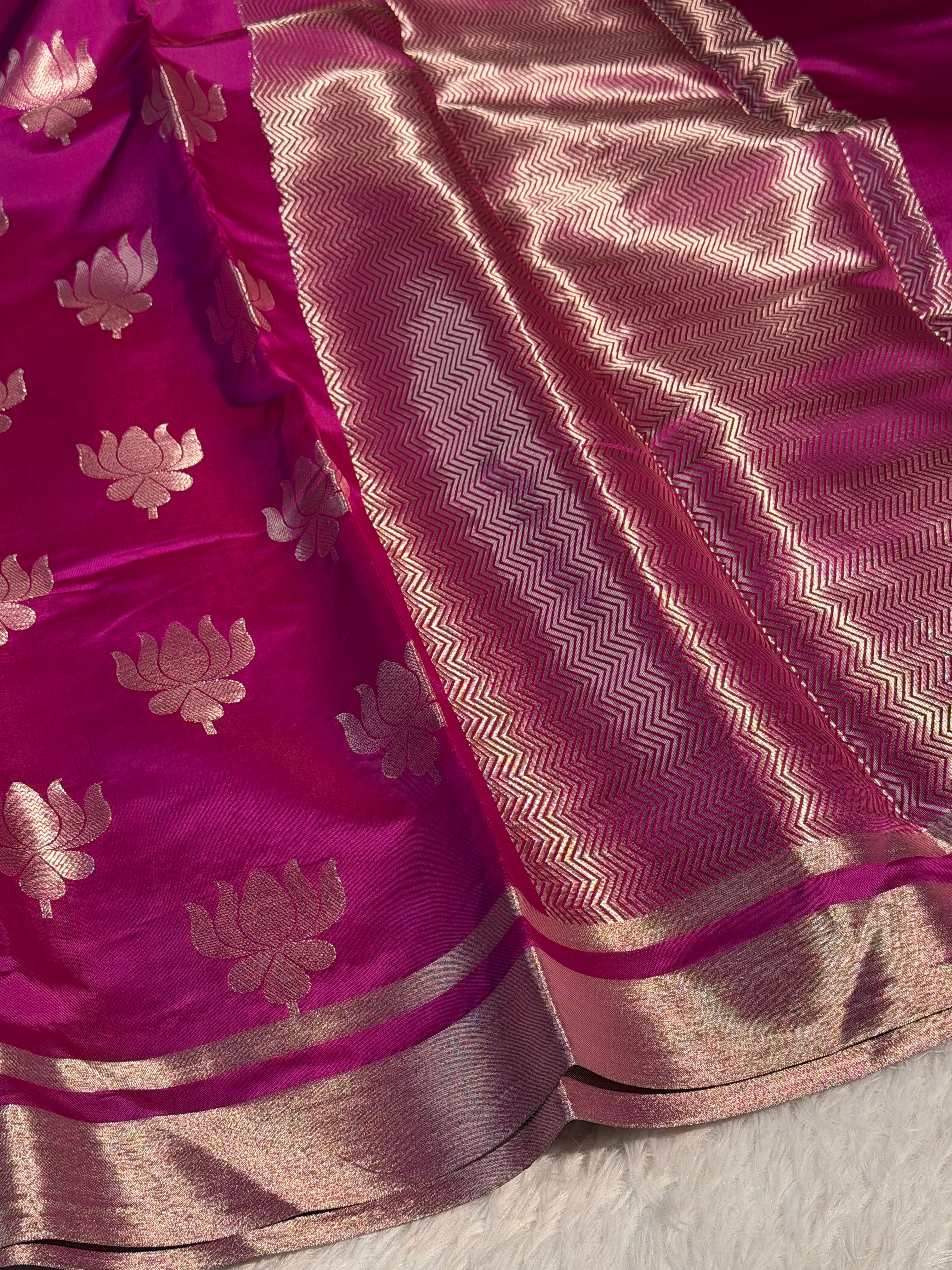 Rani Pink Premium Soft Katan Silk Banarasi Saree with Lotus Buta Weave