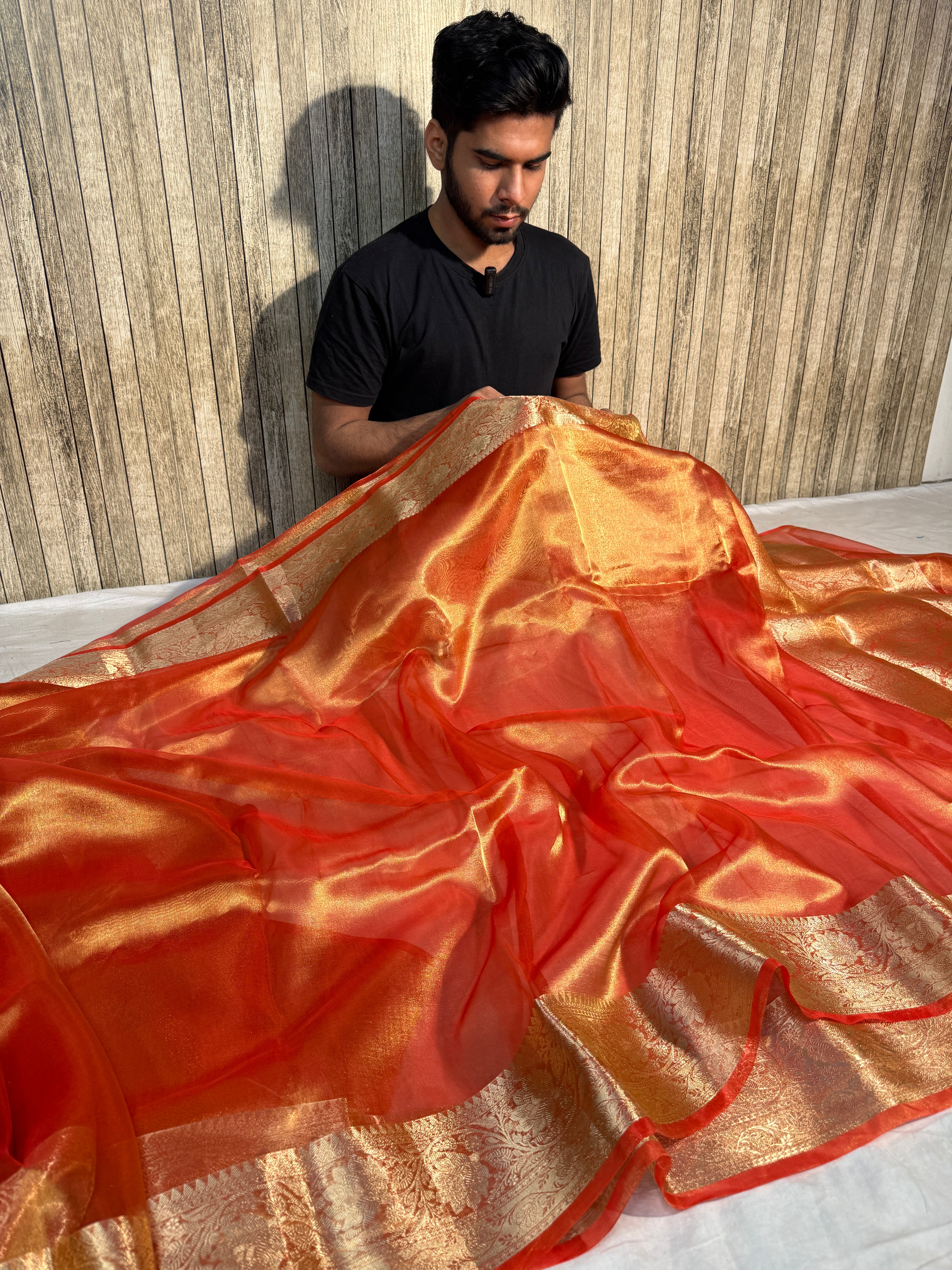 Metallic Orange Pure Tissue Silk Banarasi Saree with Traditional Weave Borders