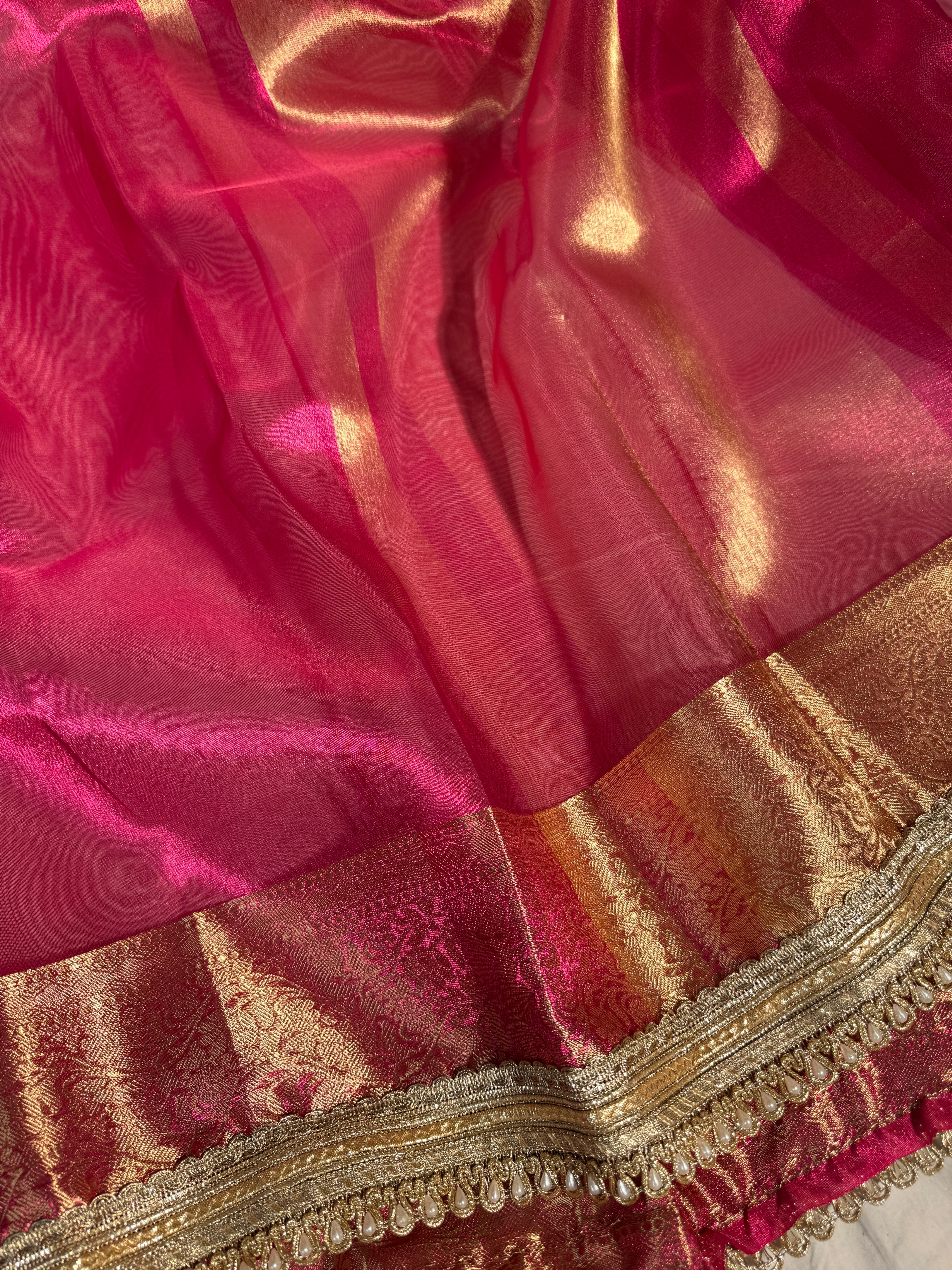 Ready To Wear Metallic Rani Pink Tissue Silk Saree with Lace Work