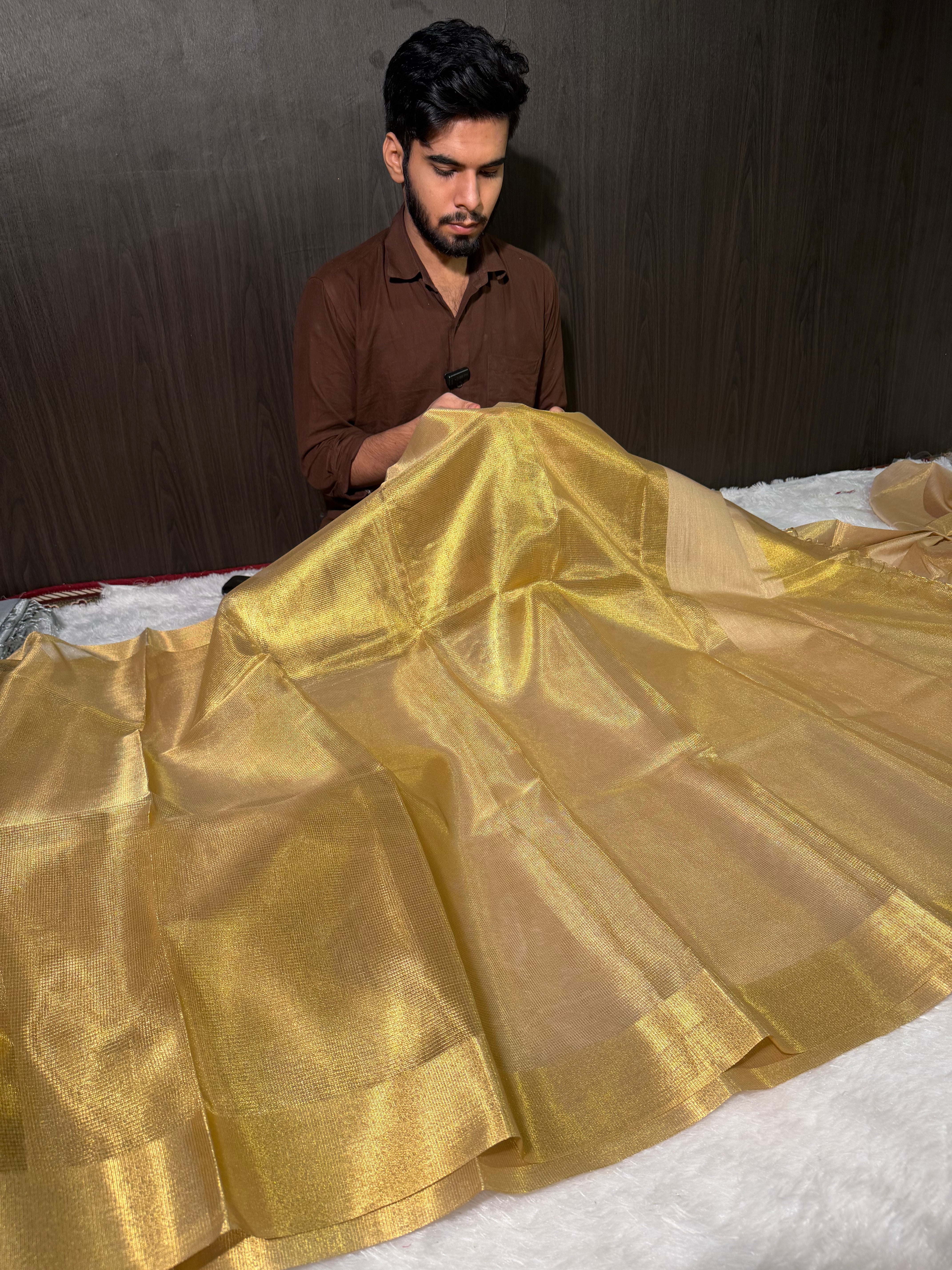 Celebrity Inspired Allover Golden Kota Tissue Silk Banarasi Saree