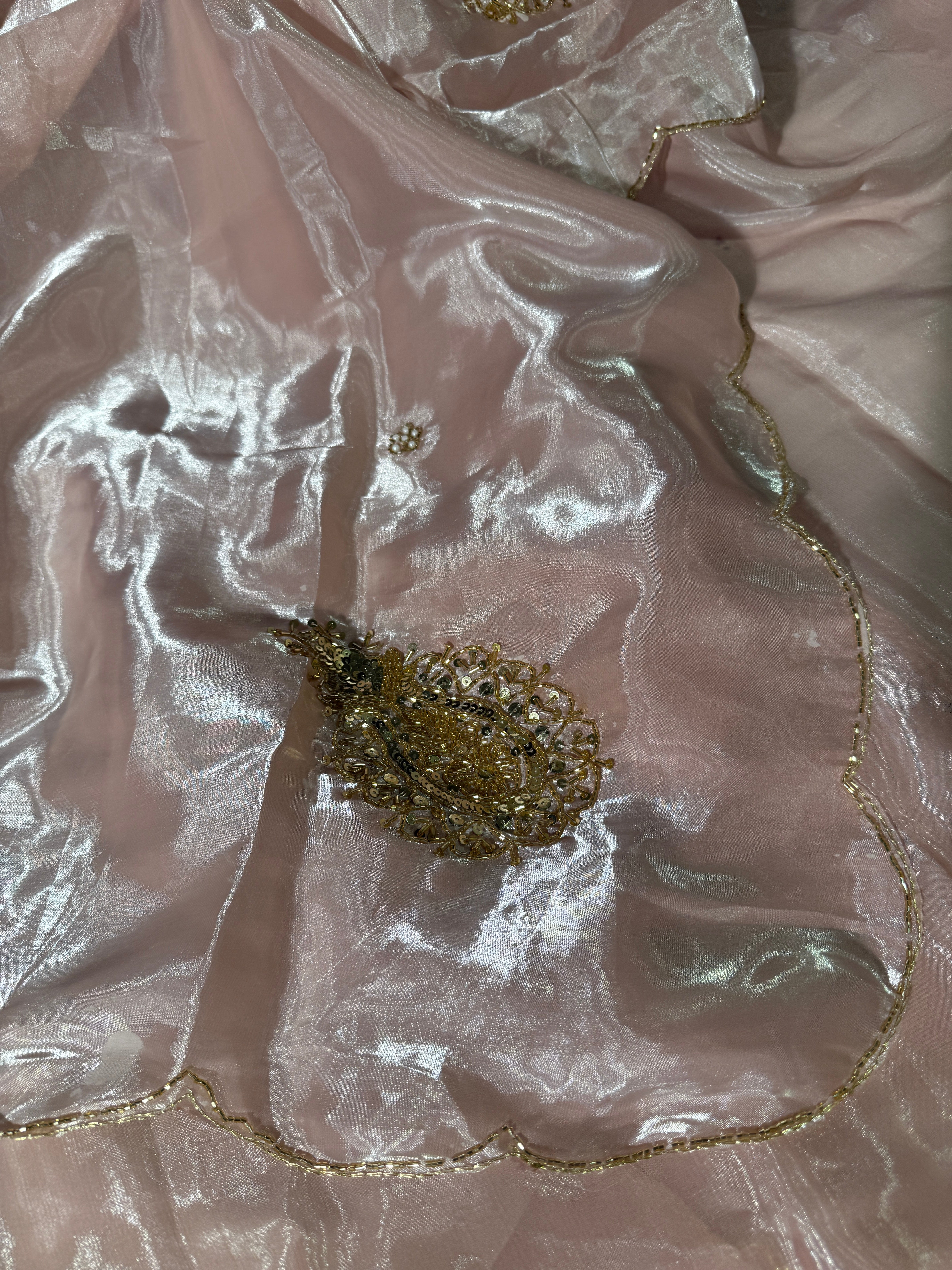 Pastel Pink Premium Shimmery Tissue Handwork Saree