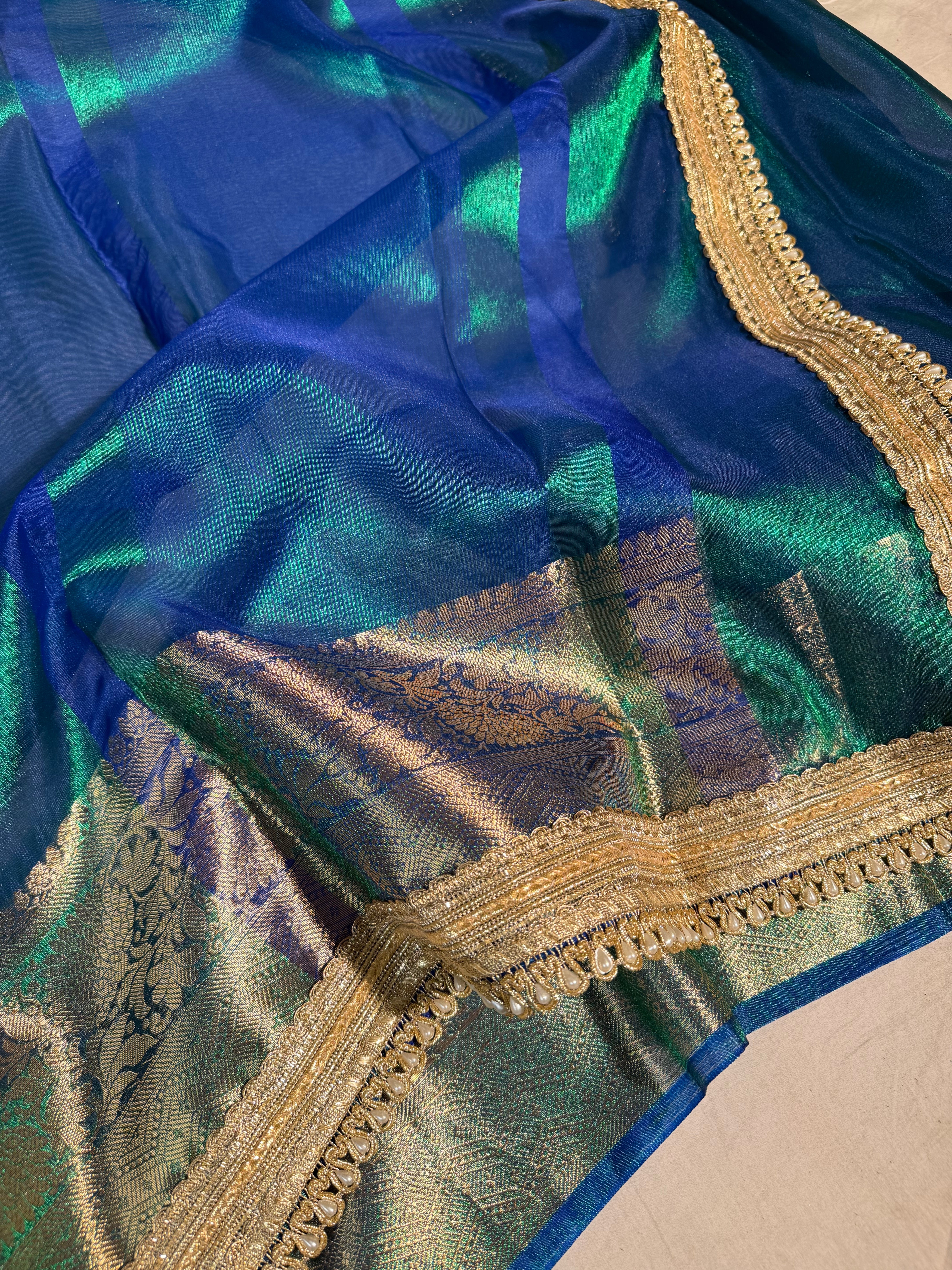 Metallic Sapphire Green Premium Tissue Silk Banarasi Saree with Moti Lace