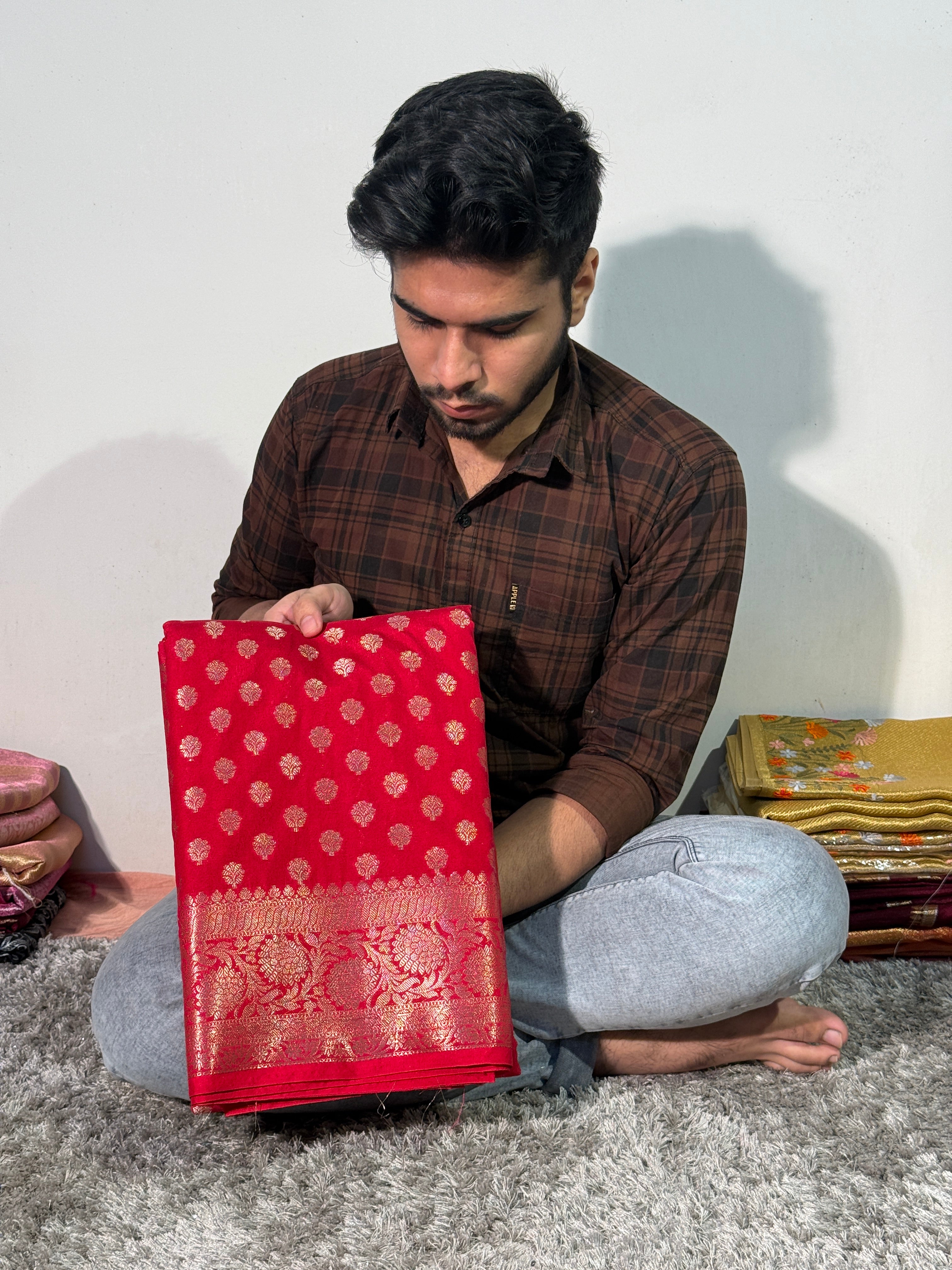 Red Premium Georgette Silk Banarasi with Zari Buti Weave