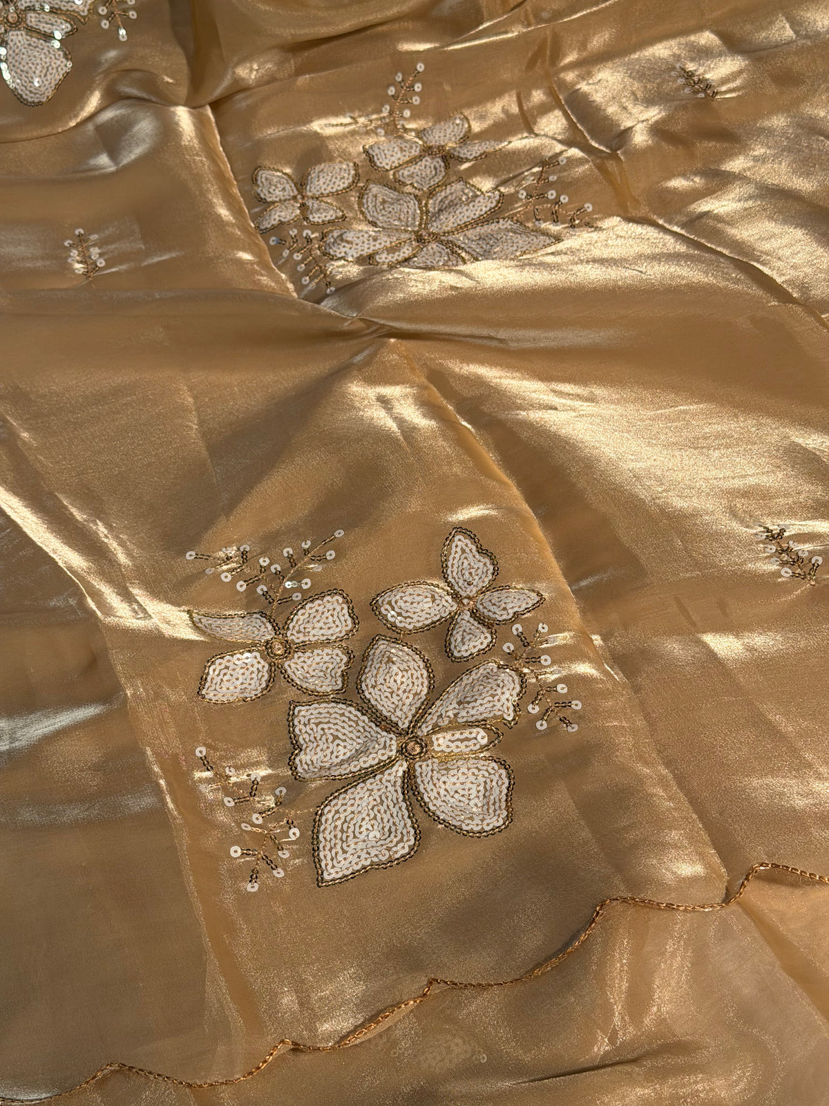 Celebrity Inspired Ivory Premium Shimmery Tissue Silk Designer Saree