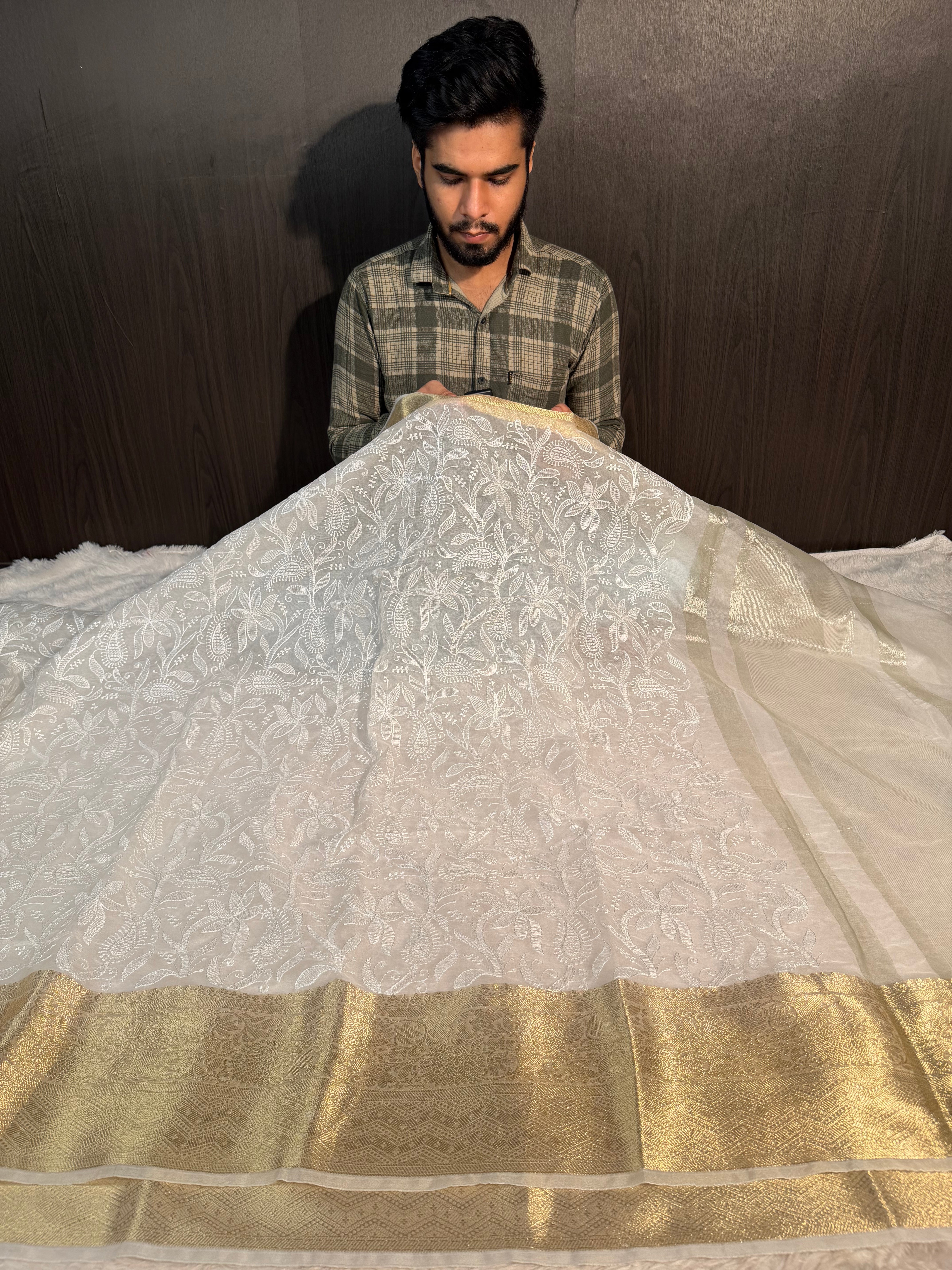 Rare Masterpiece Premium White Chikankari Organza Silk Banarasi Saree