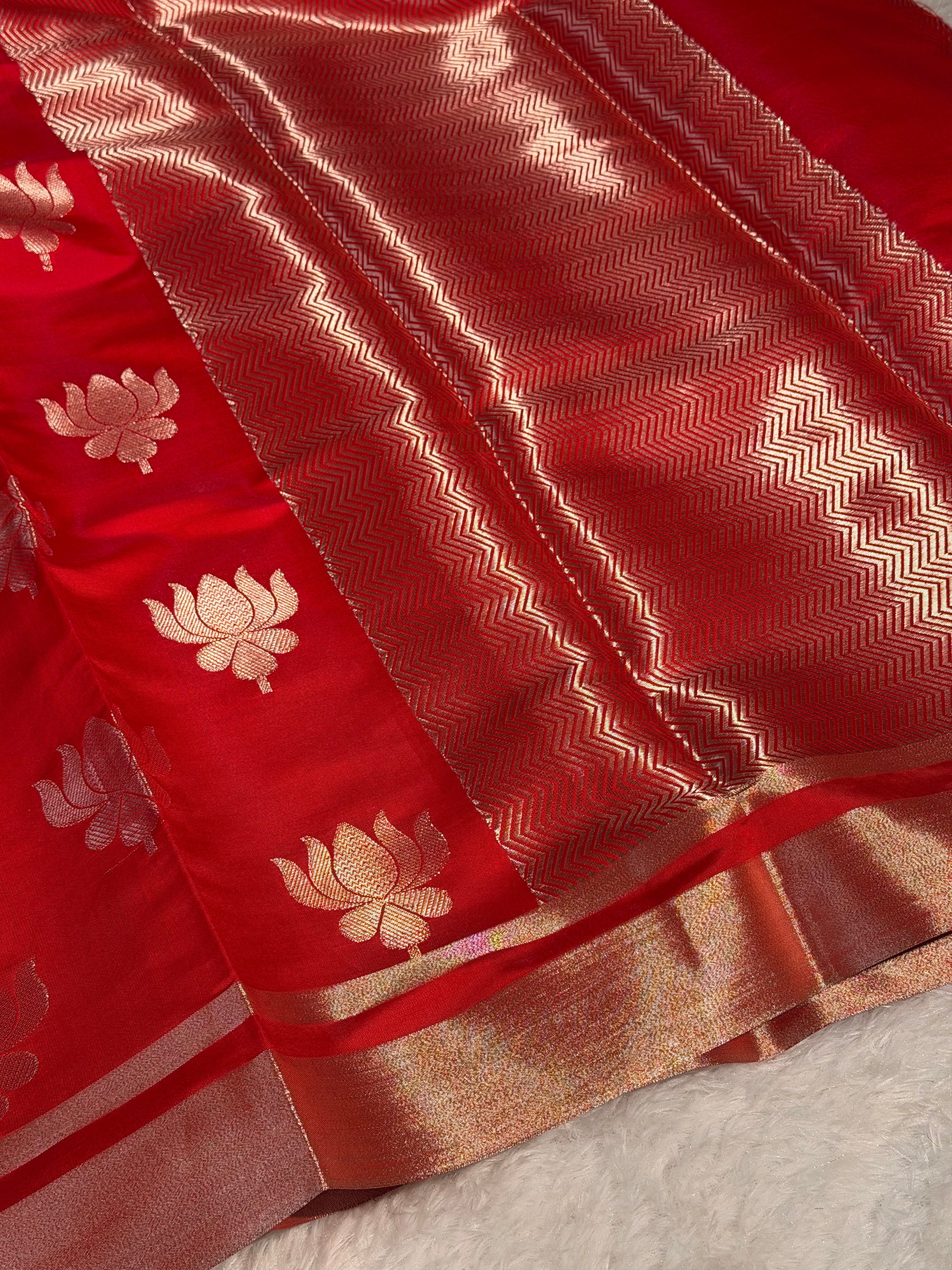 Bridal Red Premium Soft Katan Silk Banarasi Saree with Lotus Buta Weave