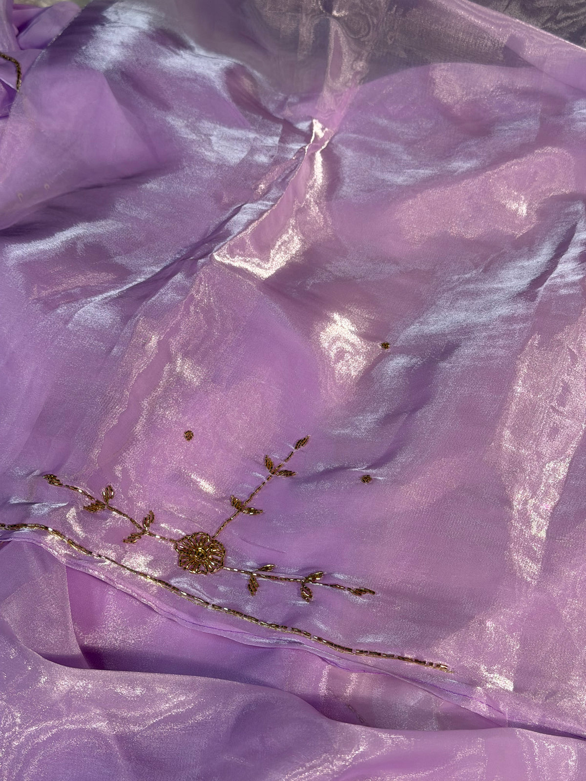 Lavendar Shade Premium Shimmery Tissue Silk Handwork Saree