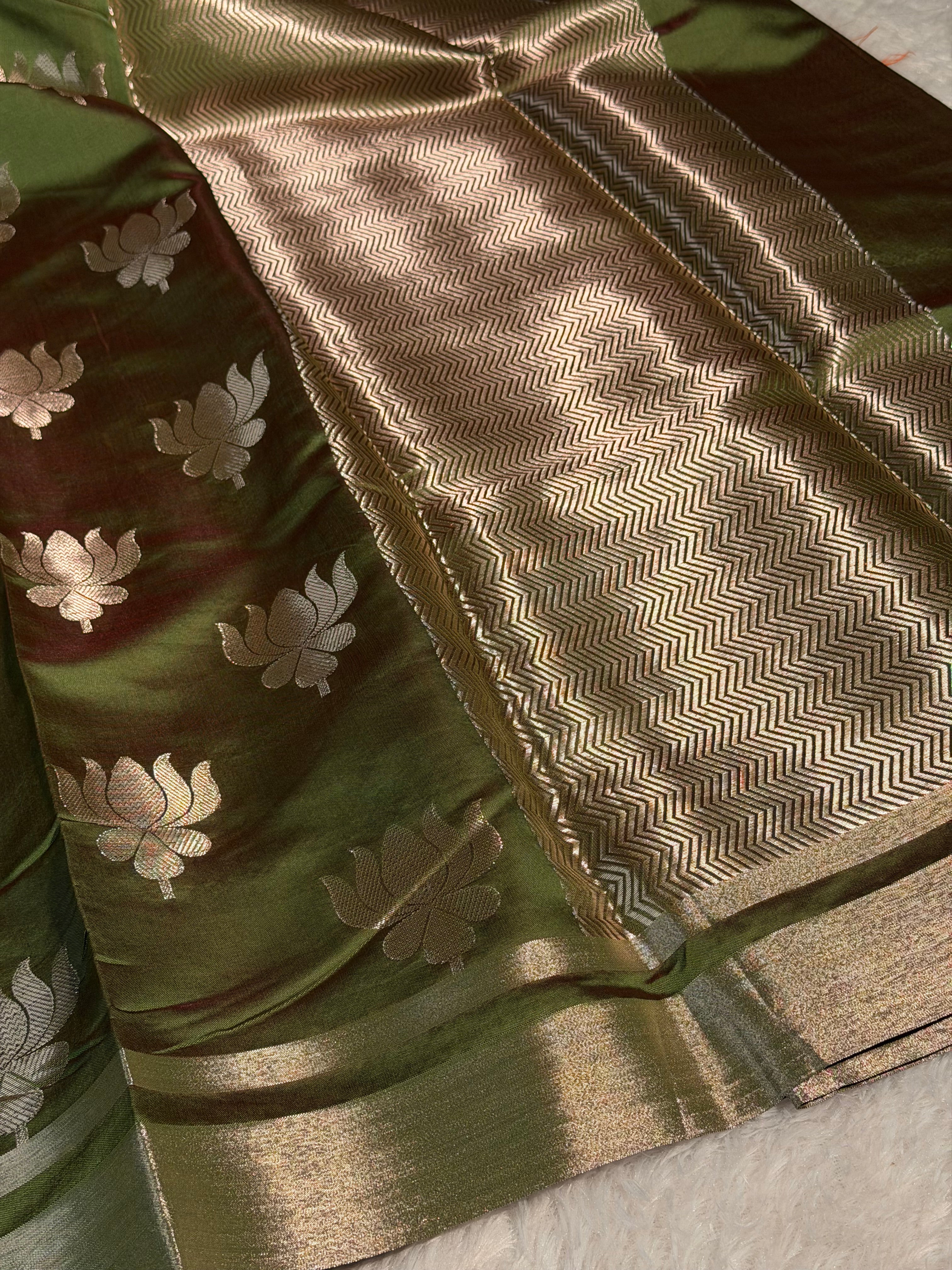 Mehendi Green Premium Soft Katan Silk Banarasi Saree with Lotus Buta Weave