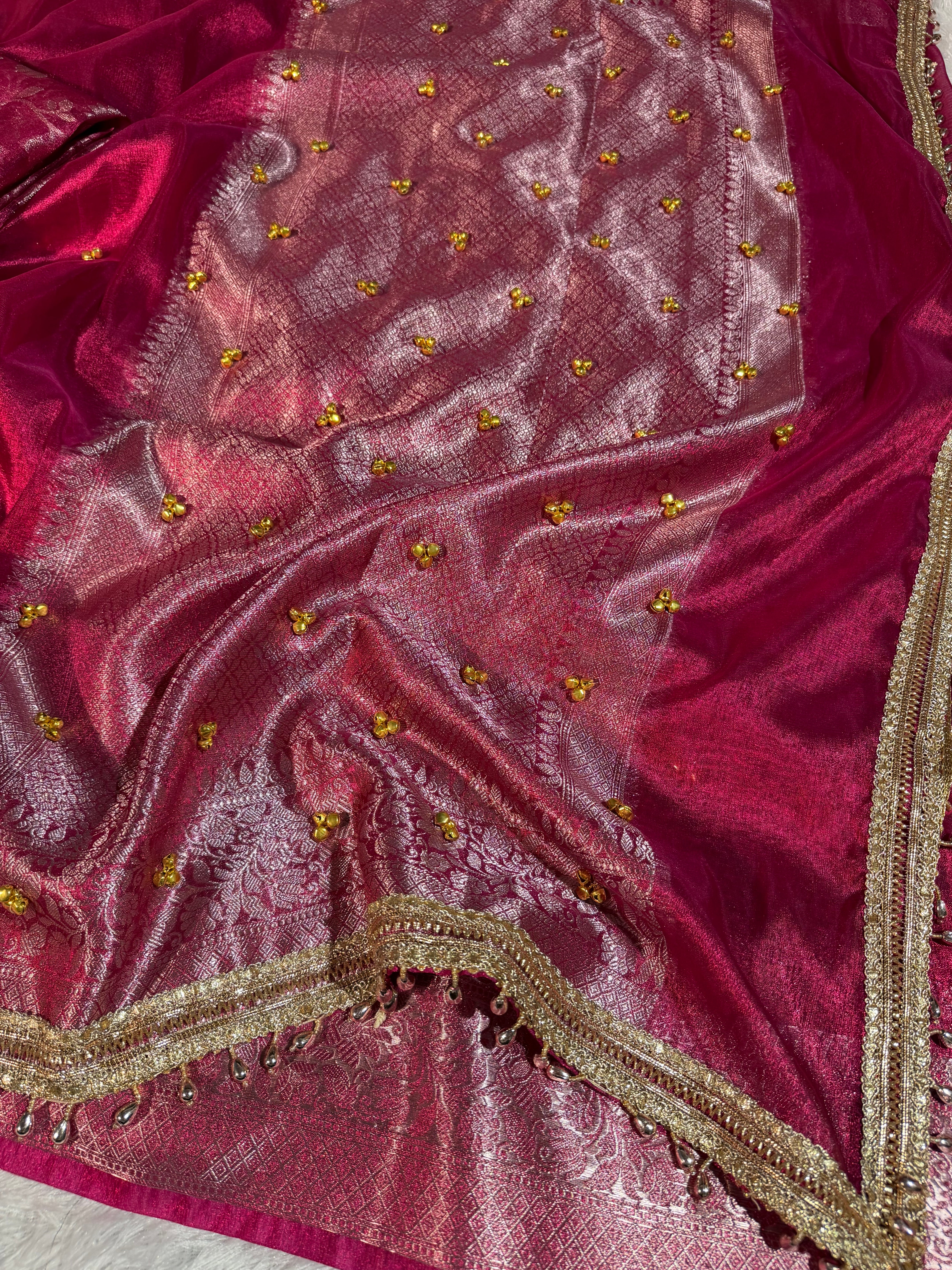 Ghungroo Handwork Bridal Rani Pink Premium Tissue Silk Banarasi Saree