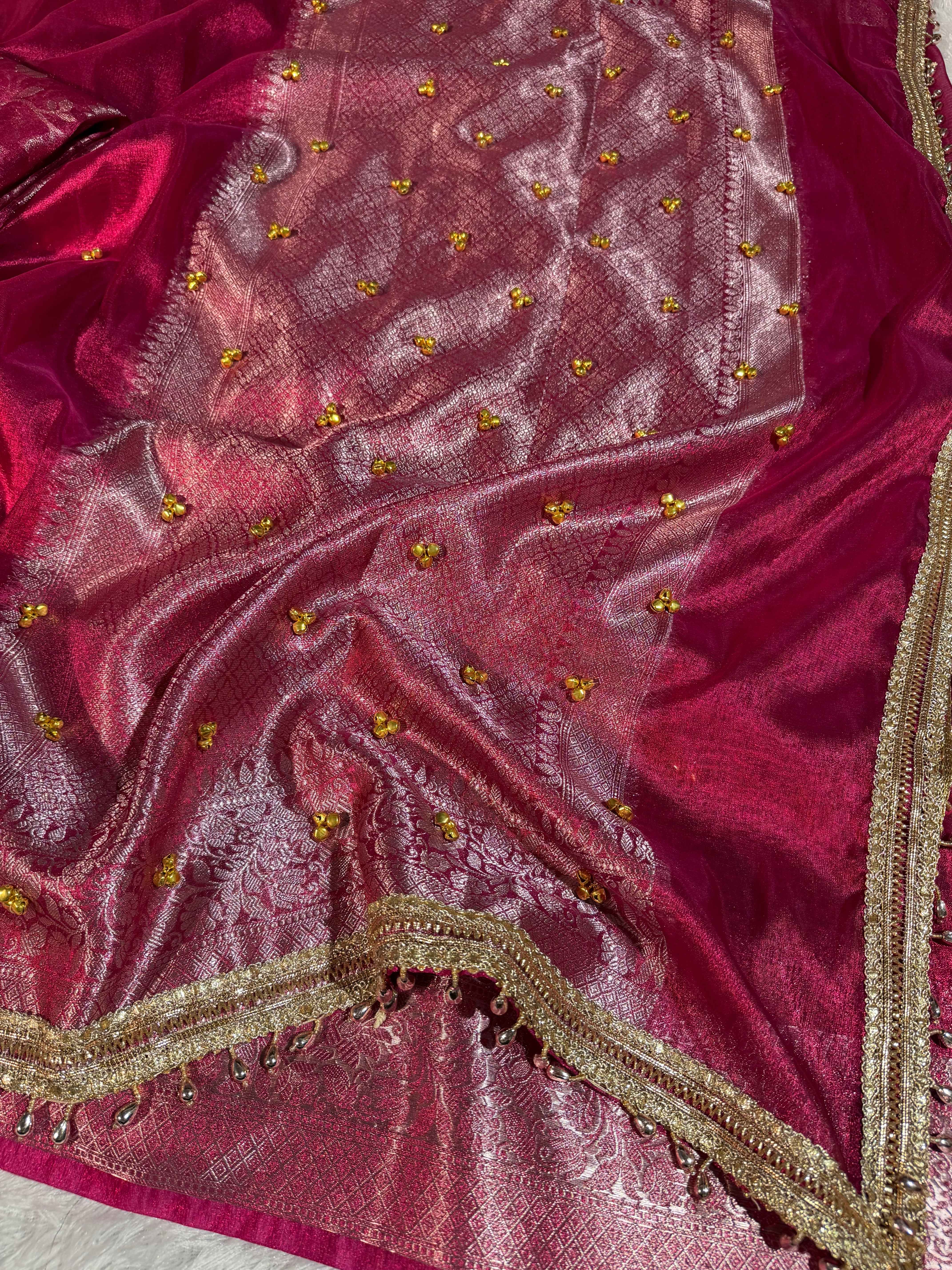 Ghungroo Handwork Bridal Rani Pink Premium Tissue Silk Banarasi Saree