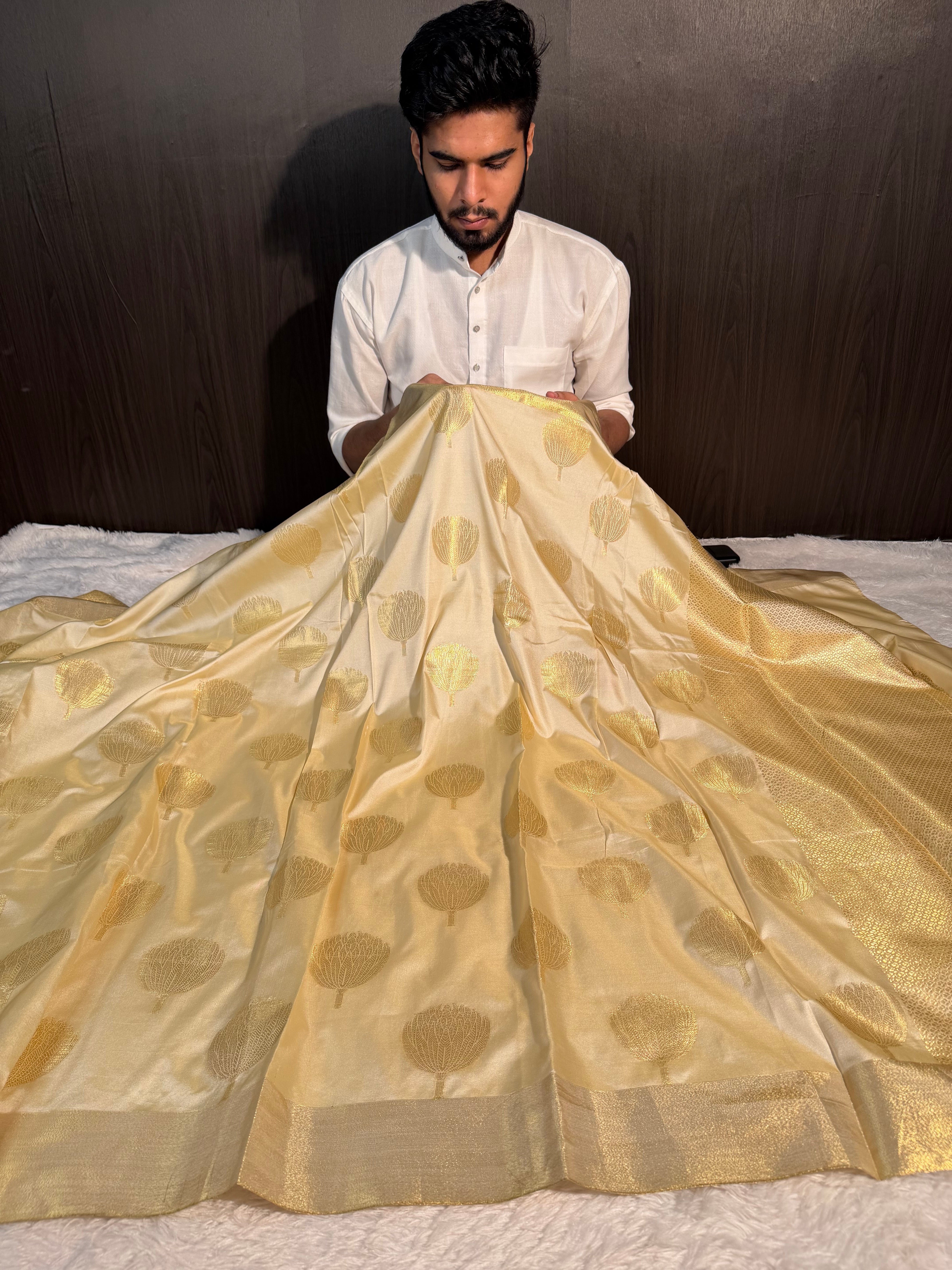 Ready To Wear Cream Bridal Katan Silk Banarasi Saree