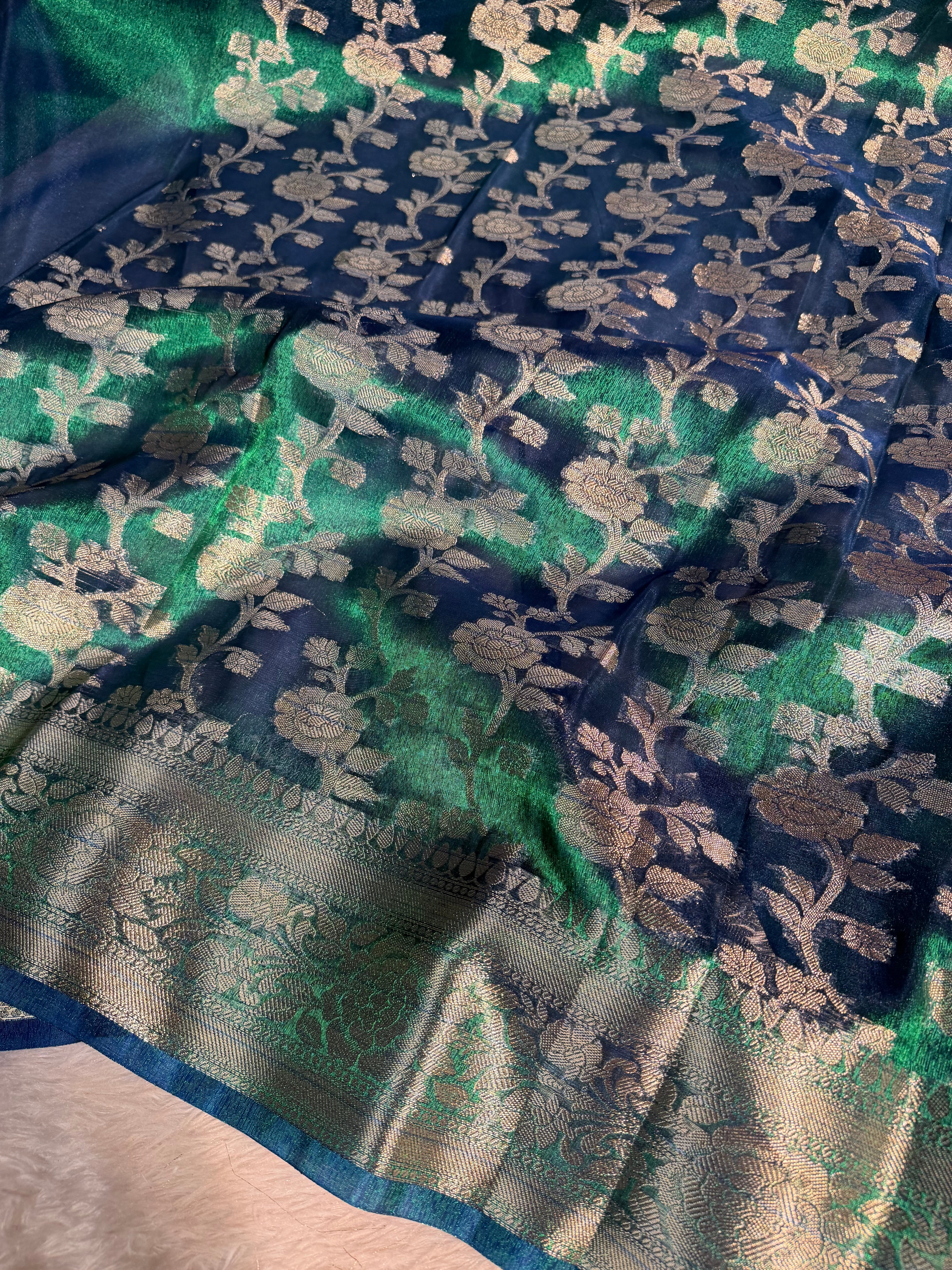 Dual Shaded Sapphire Green Premium Tissue Silk Banarasi Saree