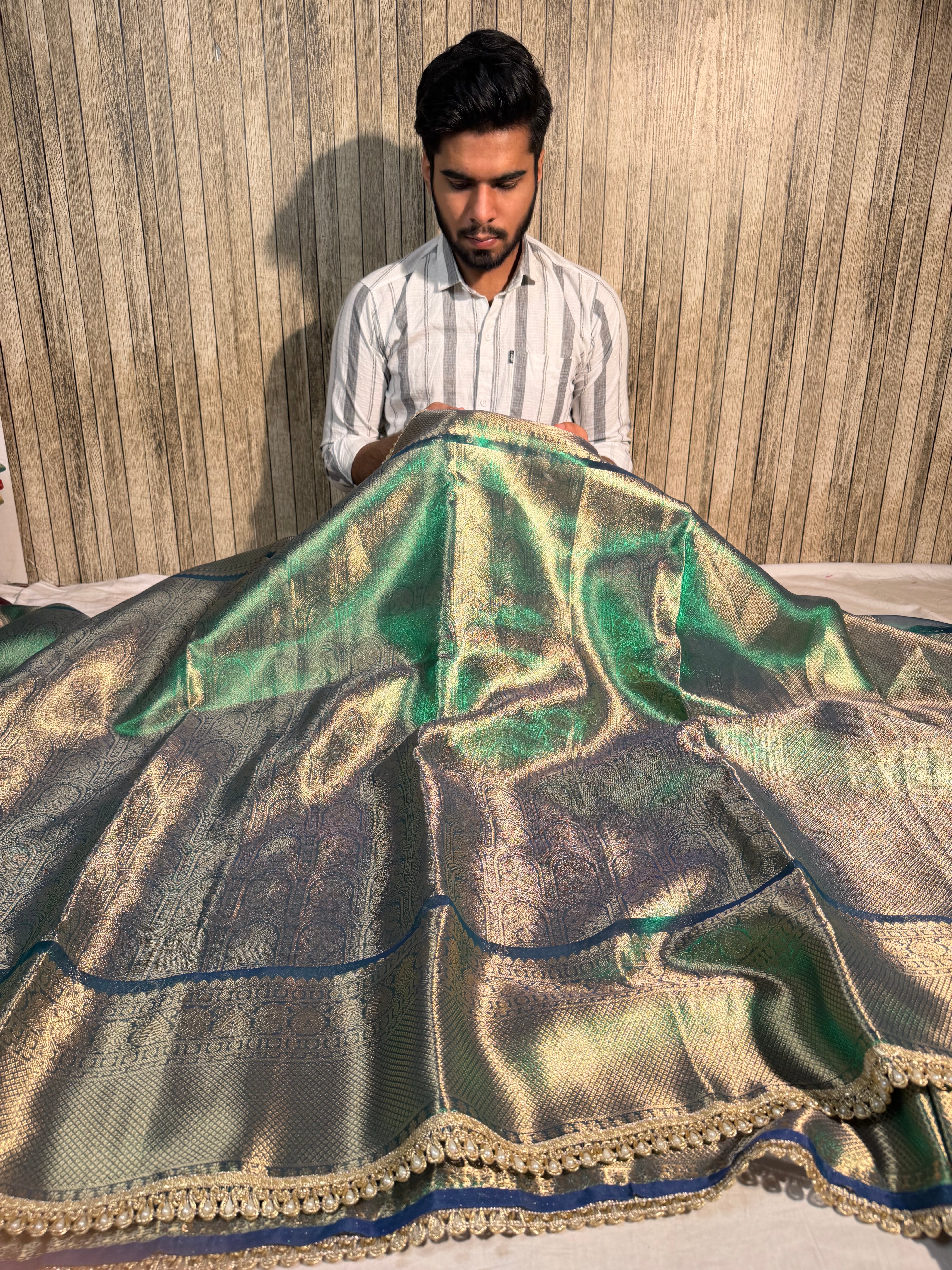 Metallic Sapphire Green Kanjeevaram Tissue Silk Banarasi Saree with Moti Lace