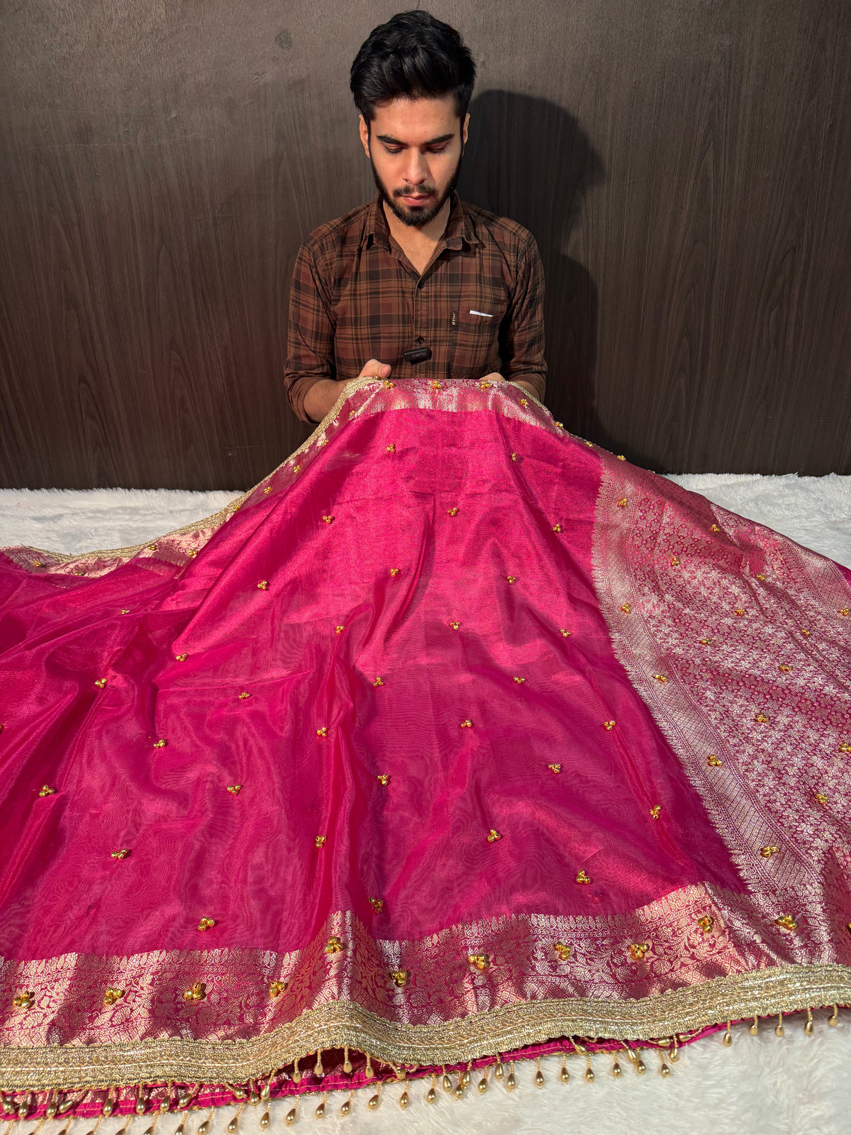 Ghungroo Handwork Bridal Rani Pink Premium Tissue Silk Banarasi Saree