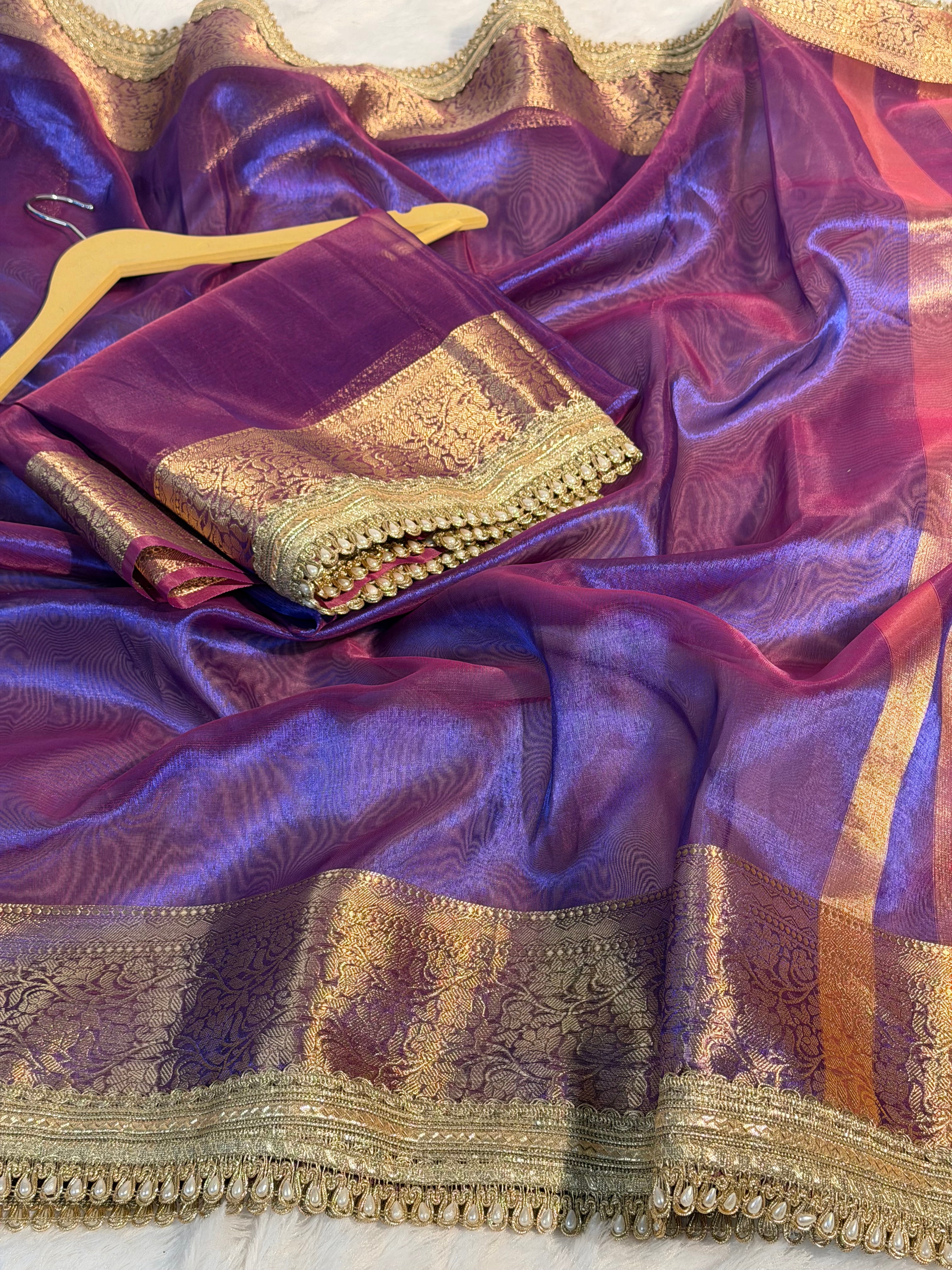 Ready To Wear Dual Shaded Premium Tissue Silk Banarasi Saree with Moti Lace