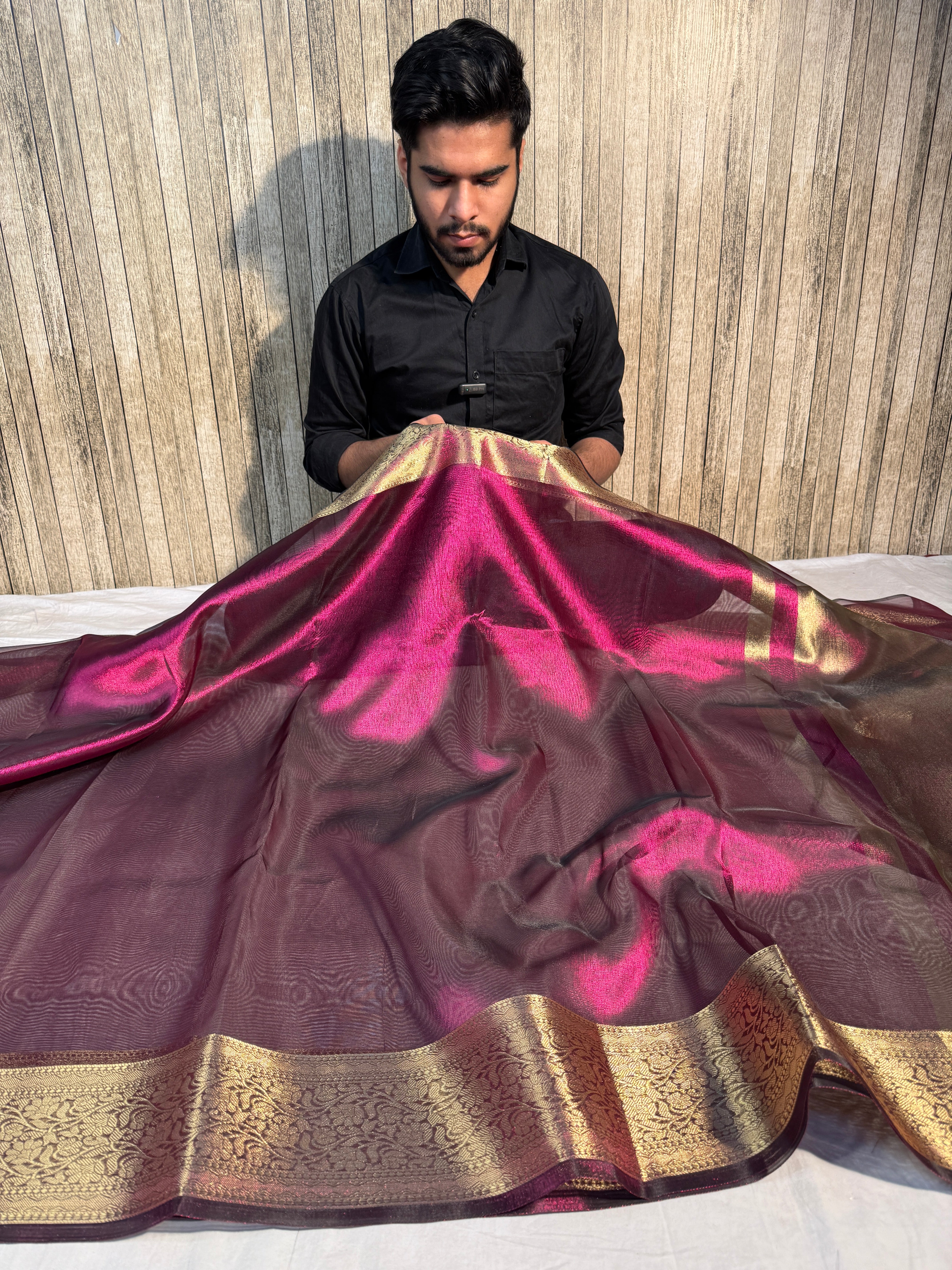 Ready To Wear Metallic Magenta Premium Tissue Silk Banarasi Saree