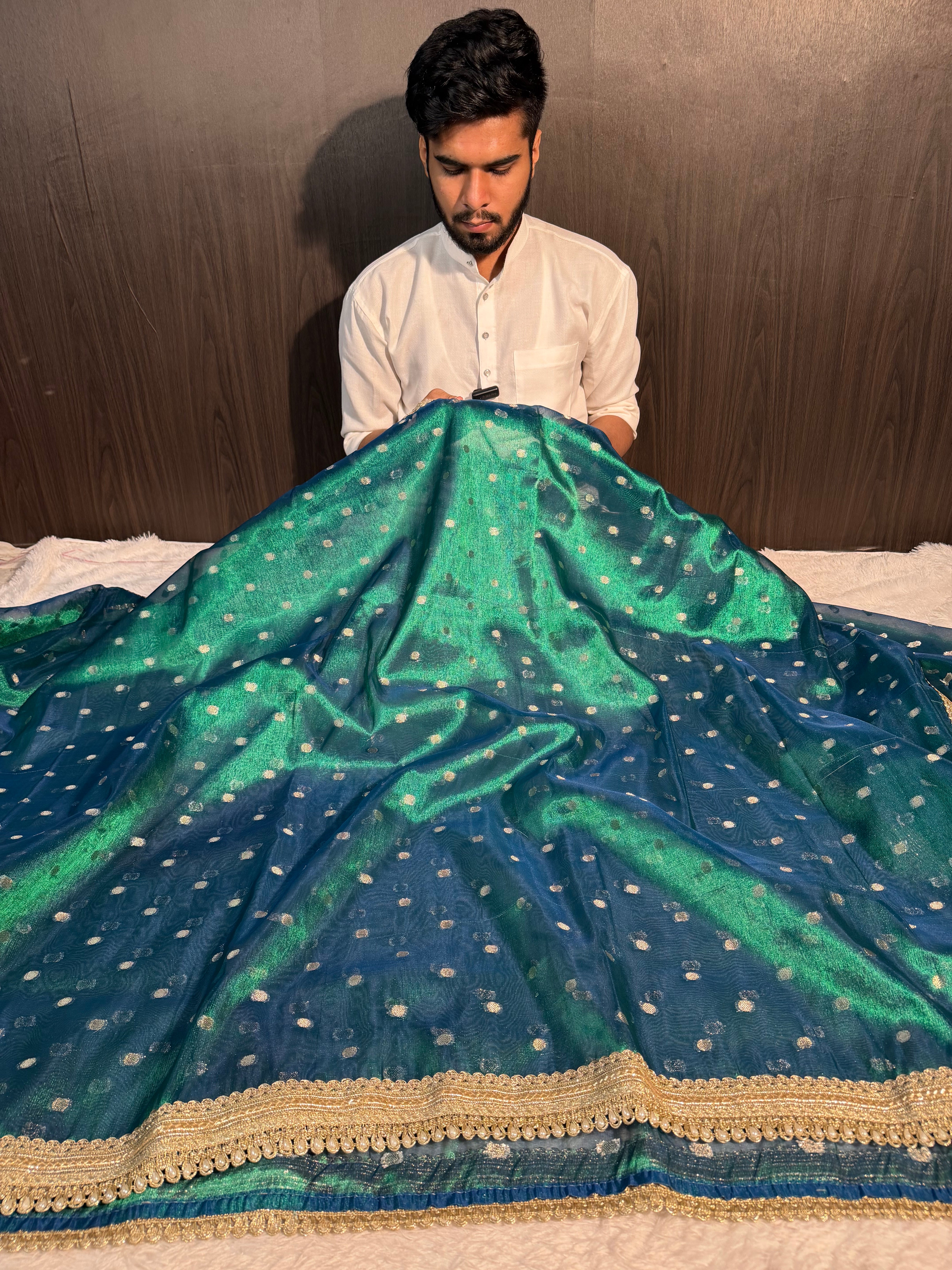 Ready To Wear Sapphire Green Tissue Silk Saree with Lace Attached