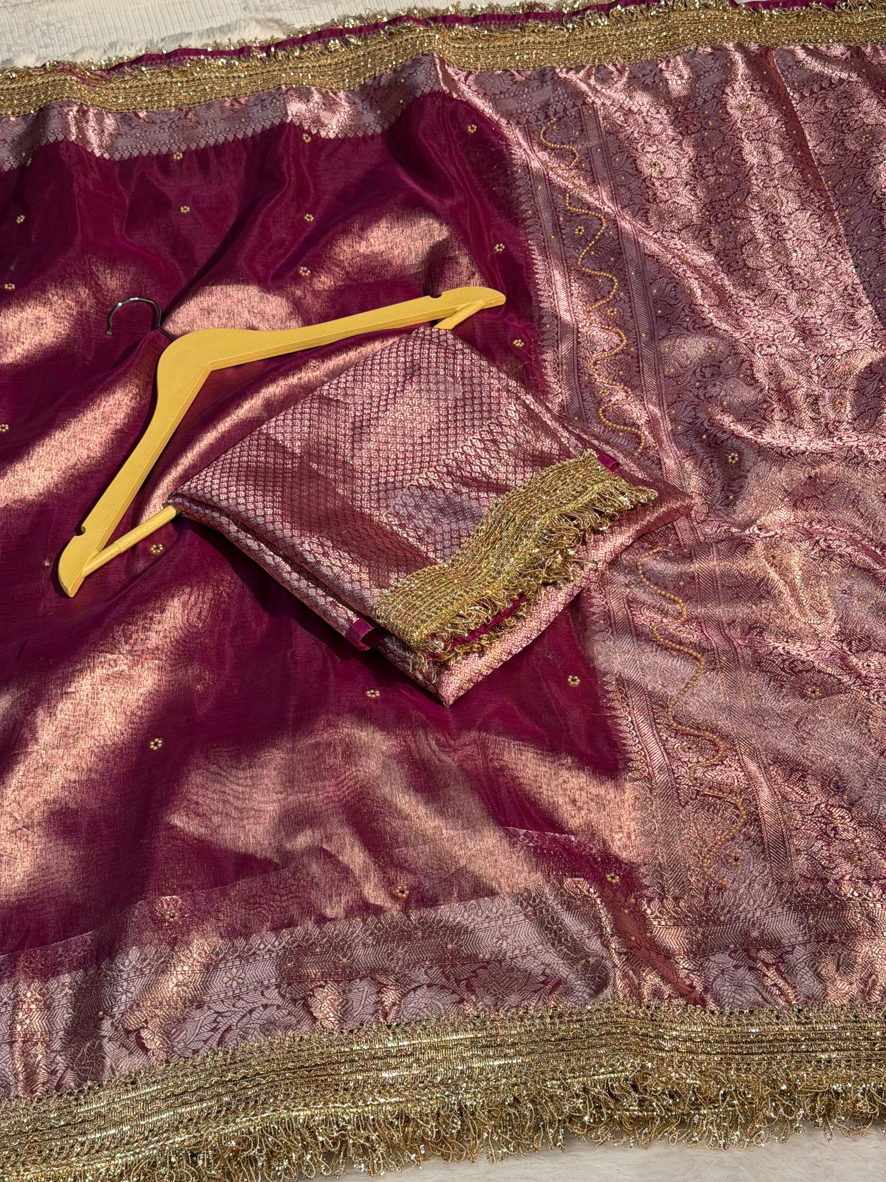 Rare Lavendar Premium Tissue Silk Saree Hand Moti Stone Work with Lace Attached