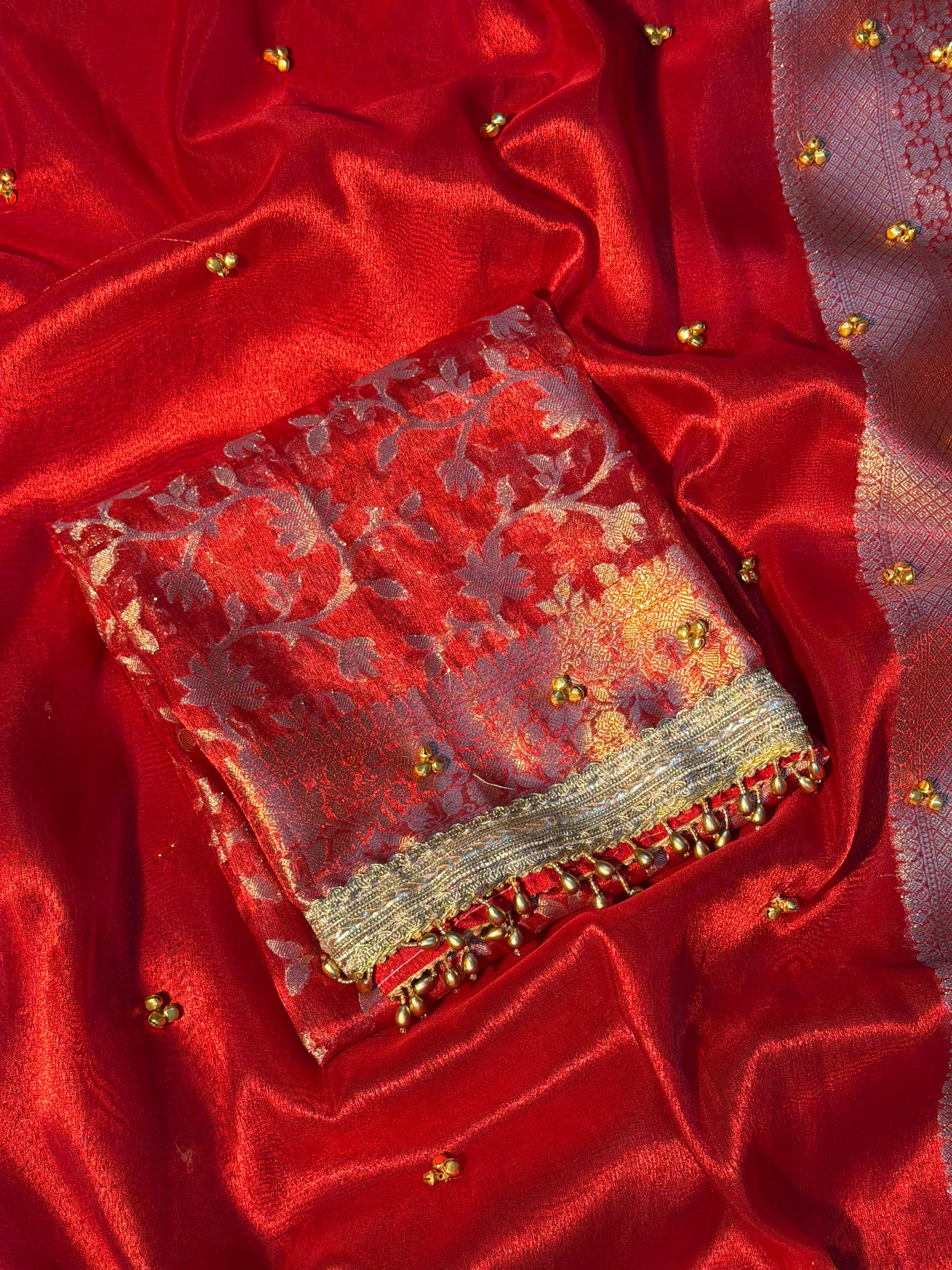 Ghungroo Handwork Bridal Red Premium Tissue Silk Banarasi Saree
