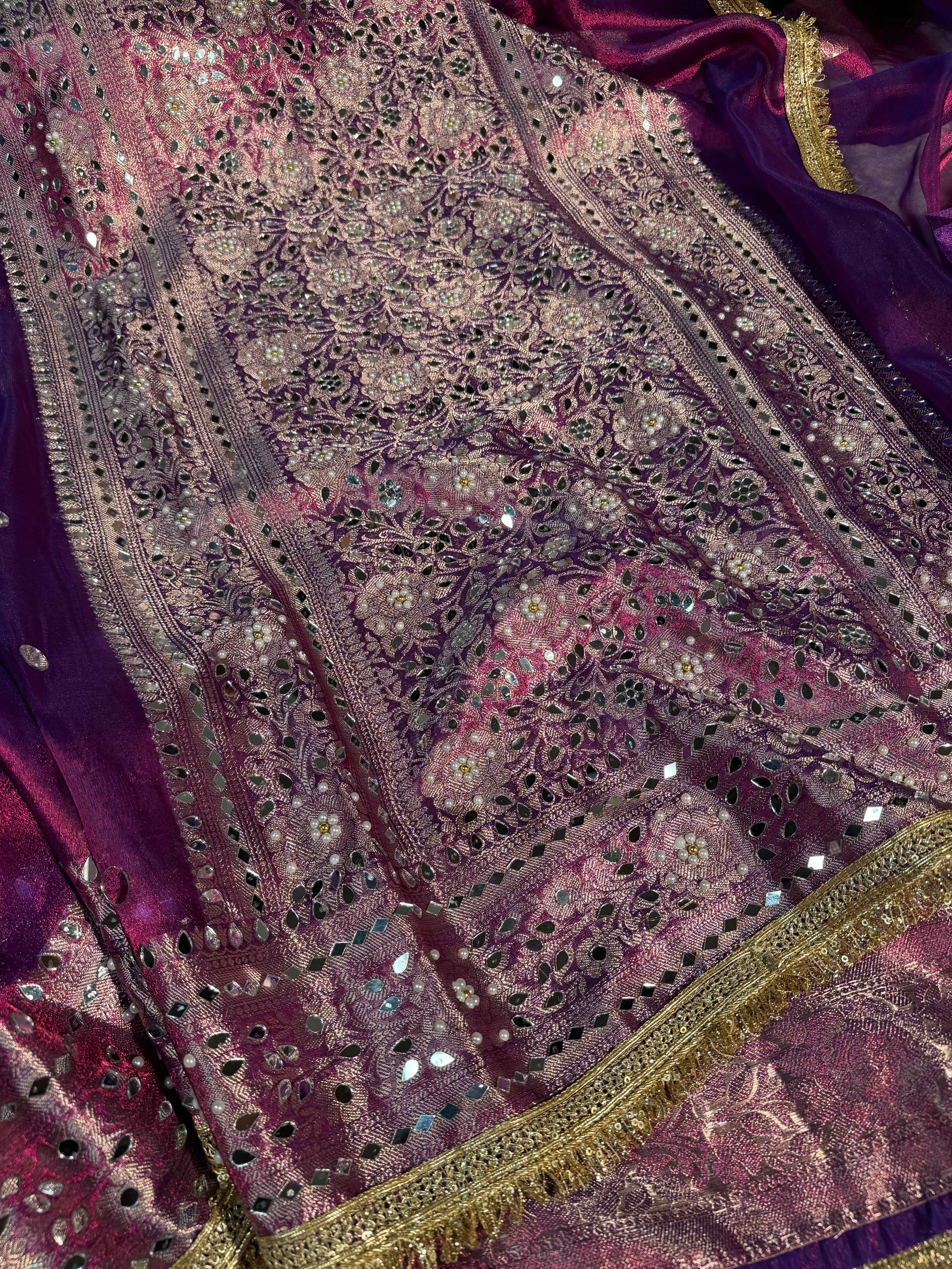 Metallic Rare Baigani Premium Tissue Silk Saree Hand Mirror Work with Lace Attached