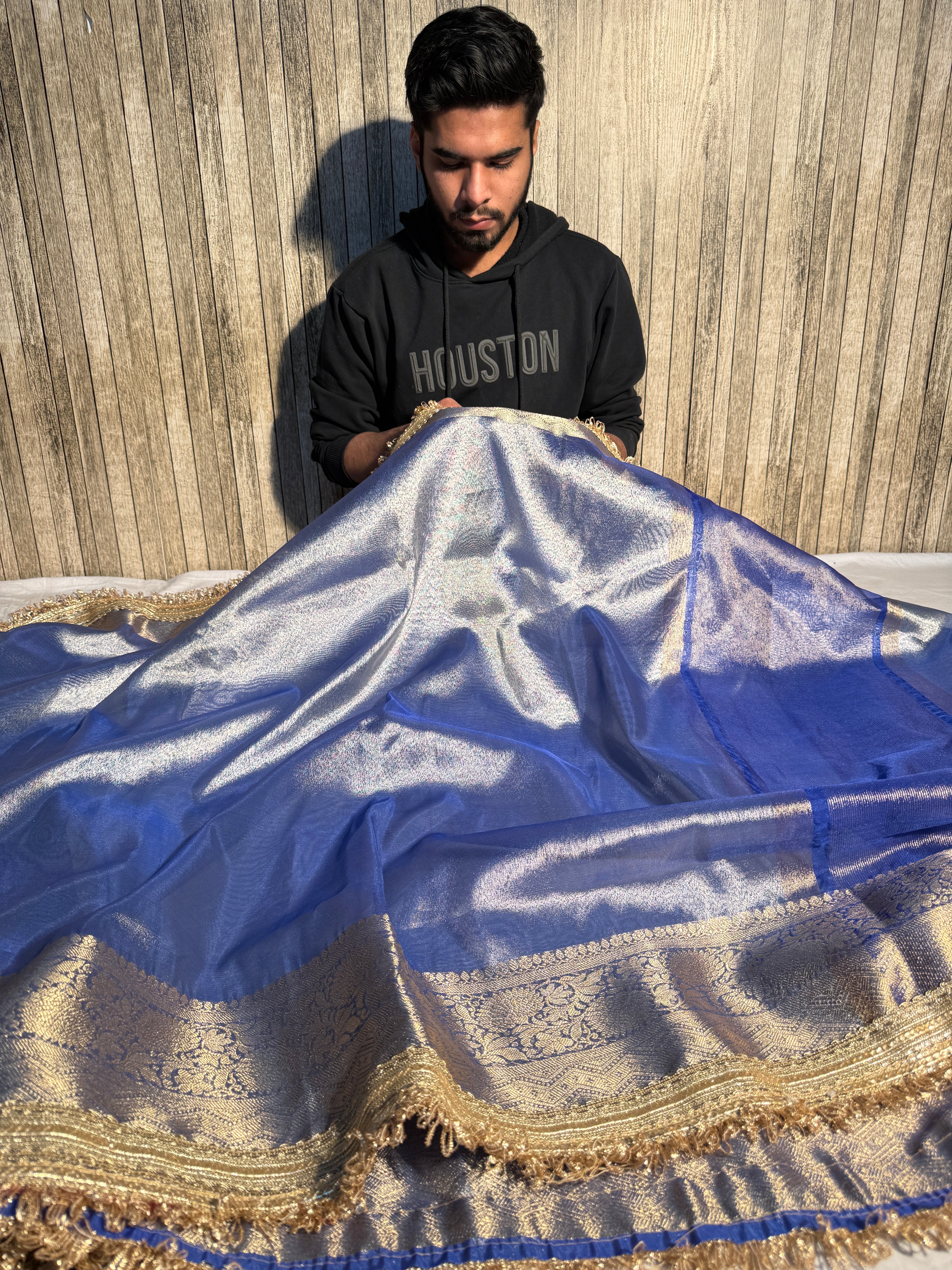 Metallic Blue Premium Tissue Silk Banarasi Saree with Lace Attached