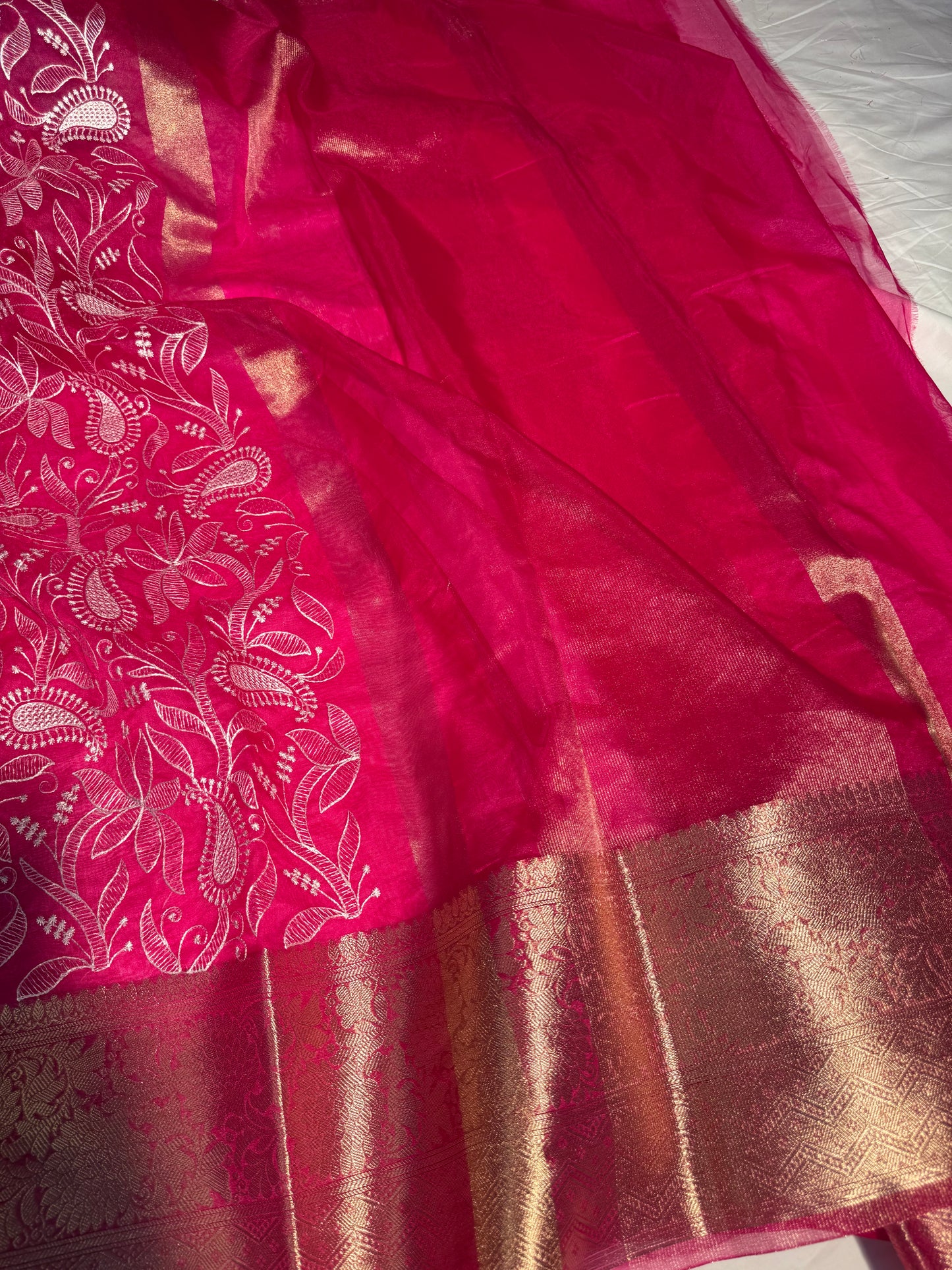 Rani Pink Exclusive Chikankari Banarasi Organza Silk Saree