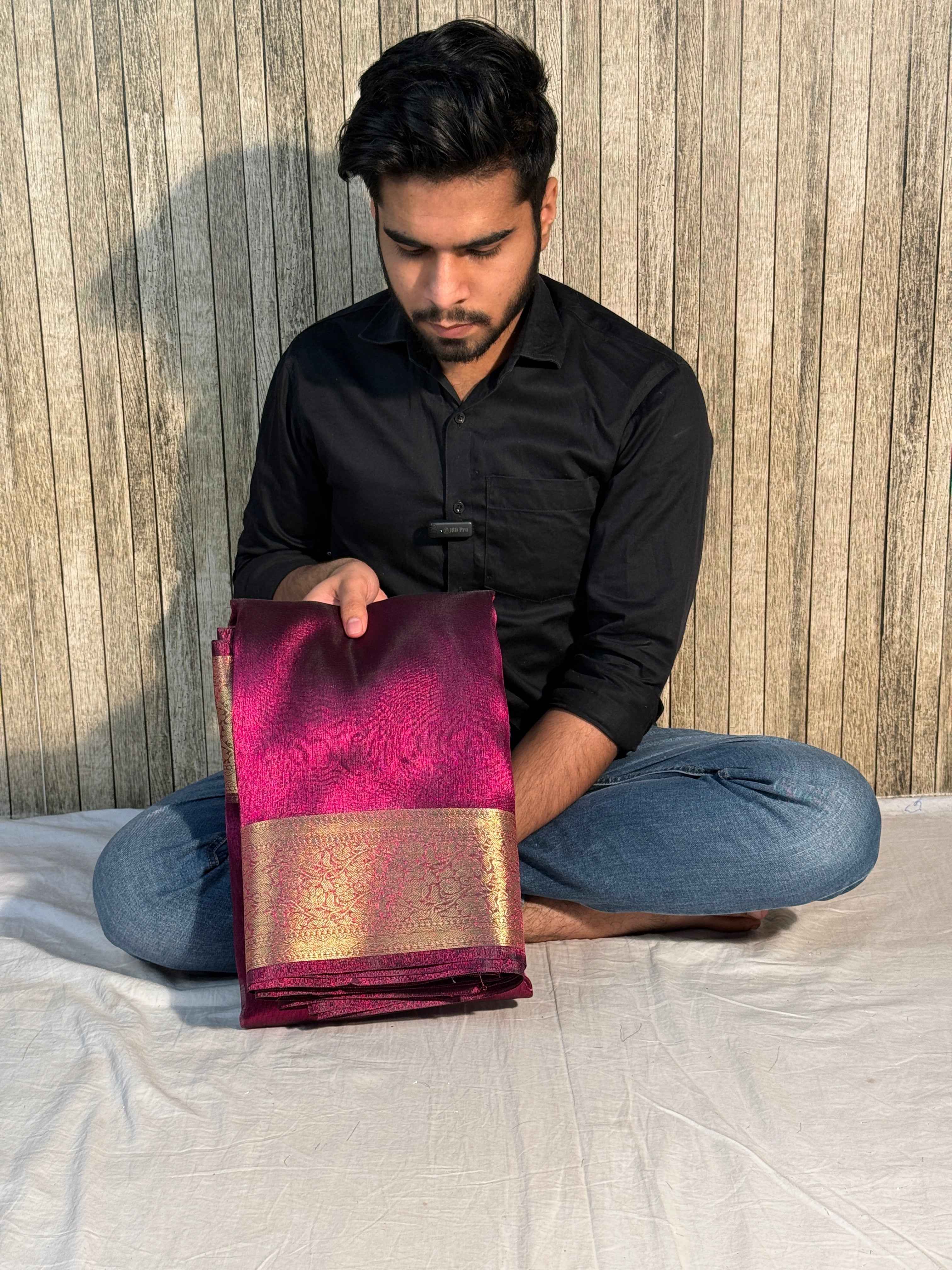 Metallic Magenta Premium Tissue Silk Saree with Traditional Floral Weave Borders