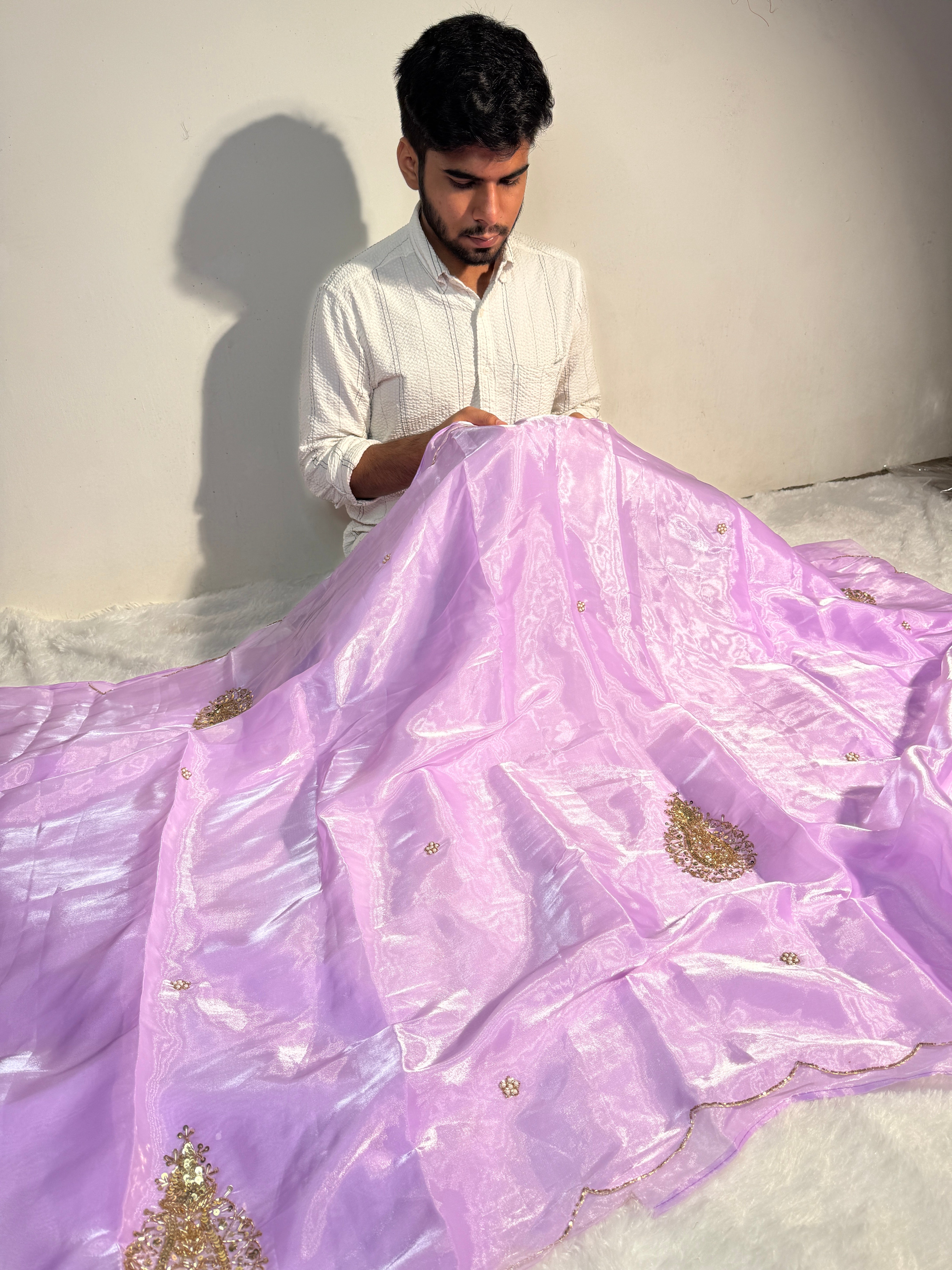 Ready To Wear Pastel Lavendar Shimmery Tissue Silk Handwork Saree